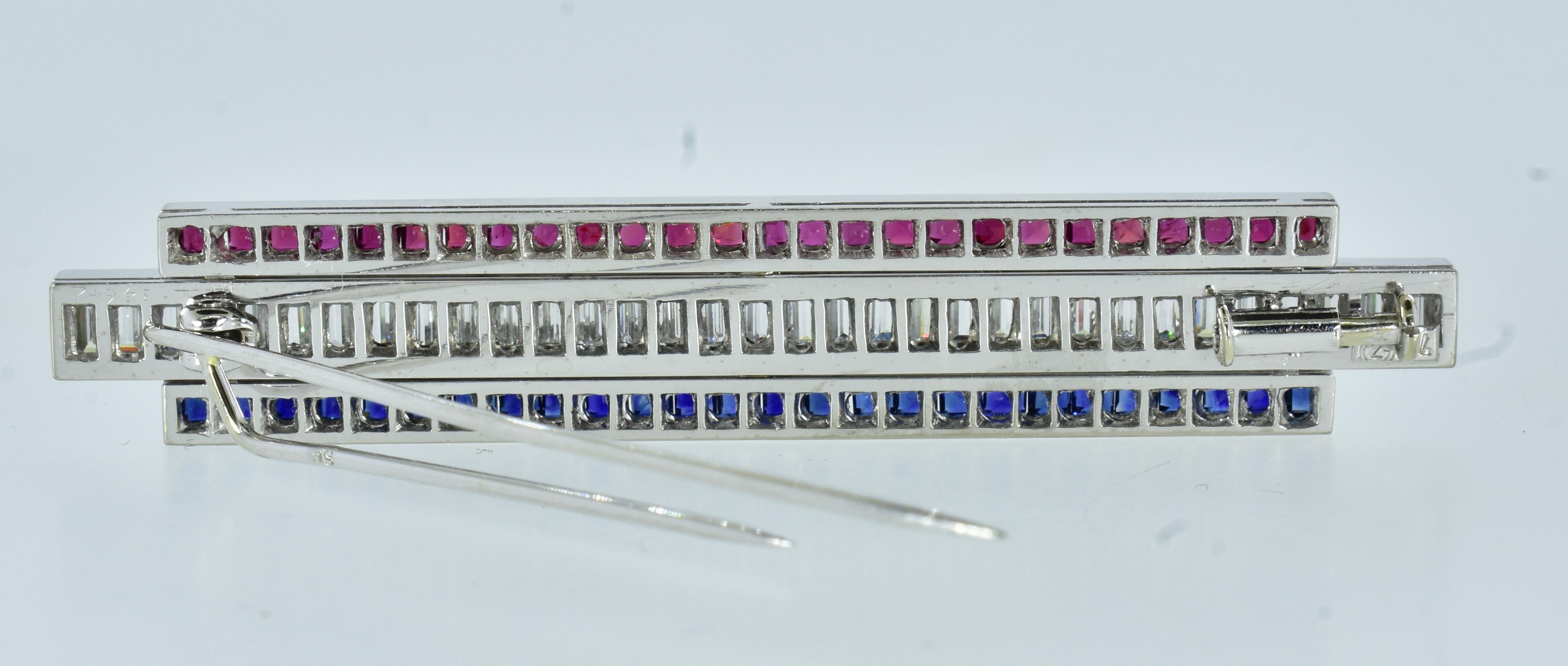 Art Deco Fancy Cut Diamond, Sapphire and Ruby Vintage Brooch For Sale