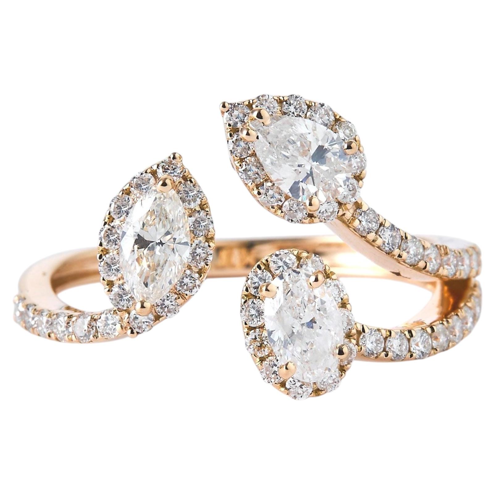 Fancy Cut Natural Diamond Halo Statement Open Ring in 14k Solid Gold (Certified)