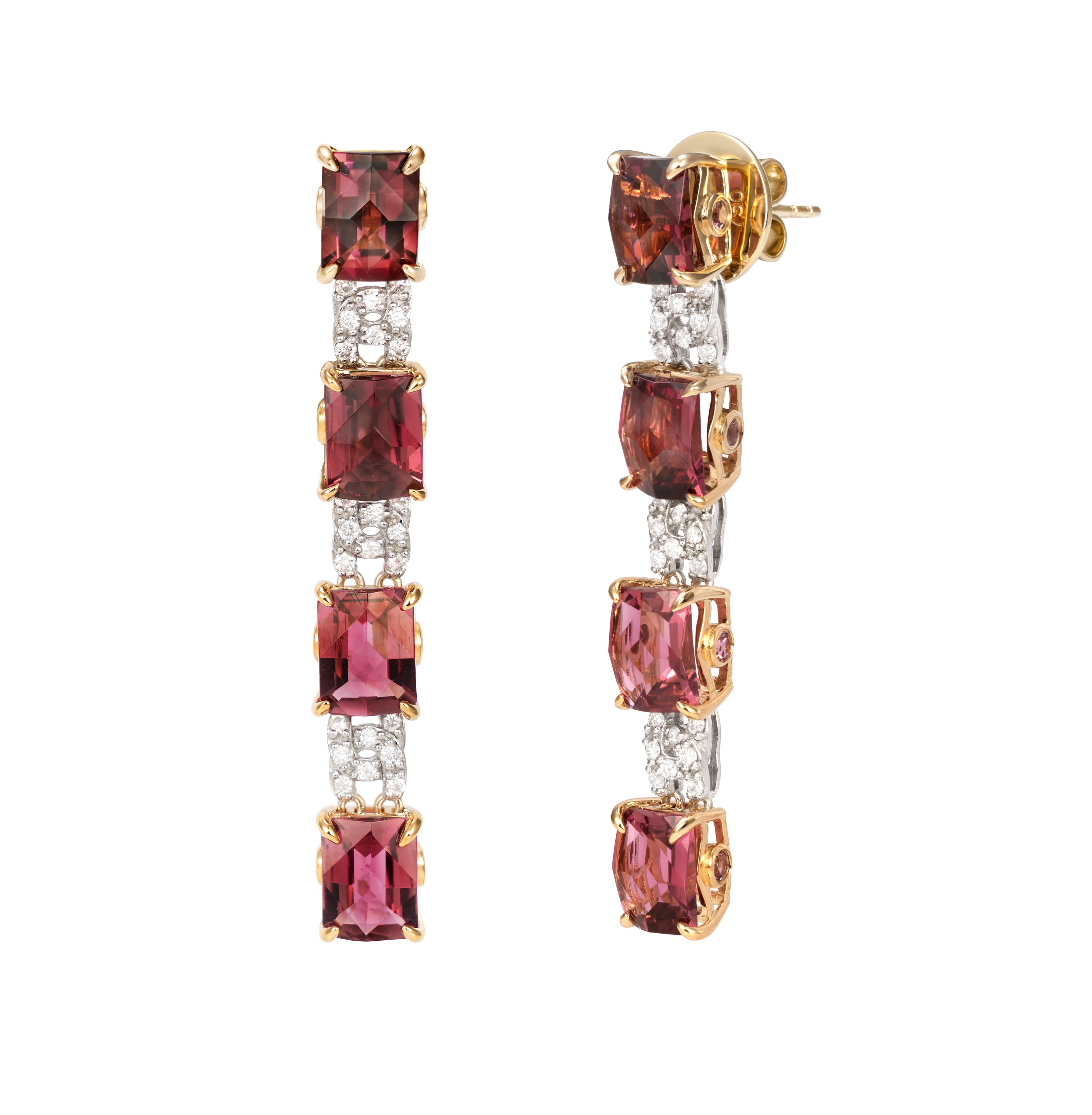 Light and easy to wear these earrings showcase multicolor fancy cut pink tourmaline in a unique cushion cut accented with  diamonds. These earrings are dainty yet have a great pop of color from the vibrant gems.

Fancy Cut Ombre Pink Tourmaline