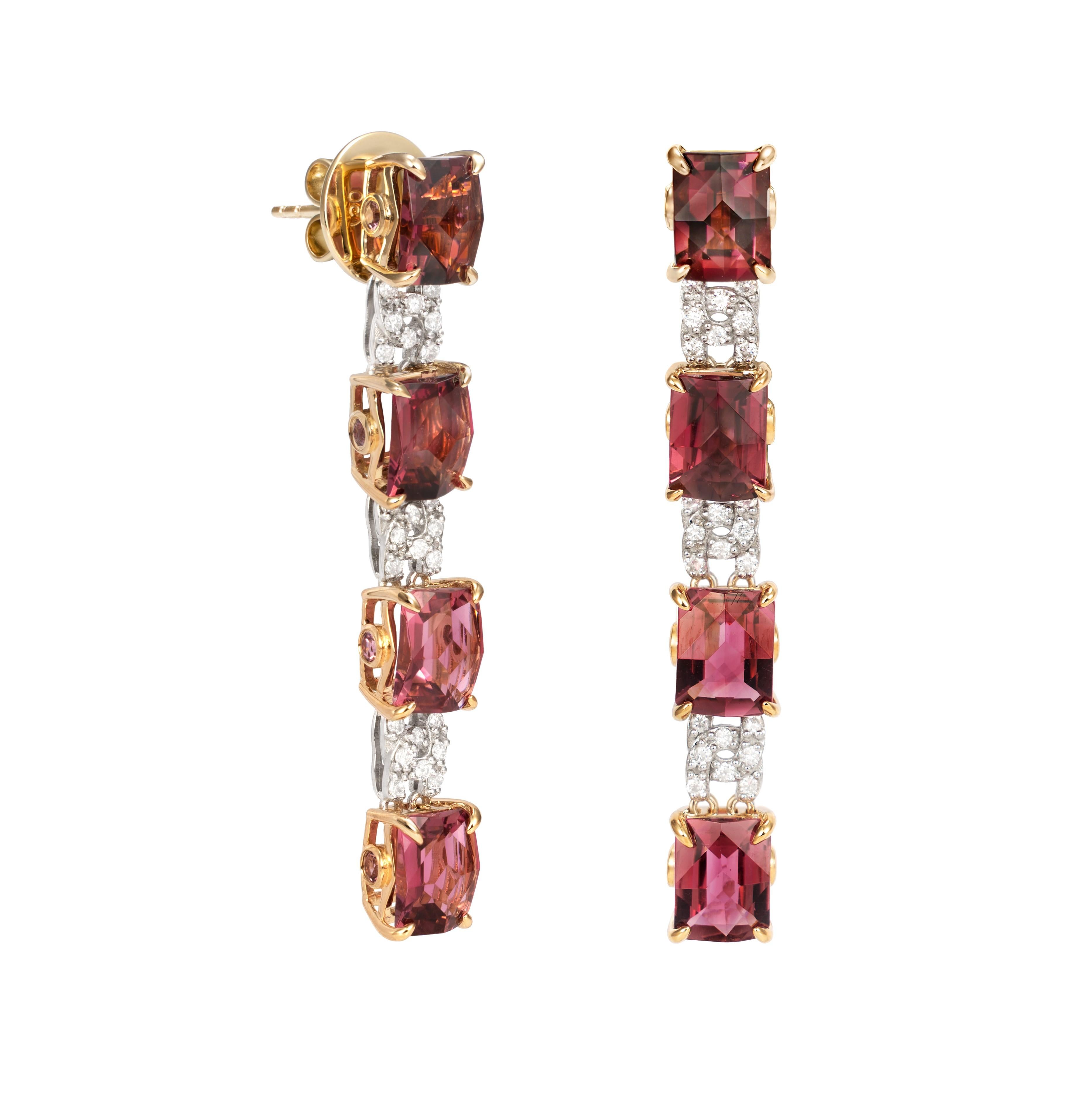 Contemporary Fancy Cut Ombre Pink Tourmaline Earrings with Diamond in 18 Karat Gold For Sale
