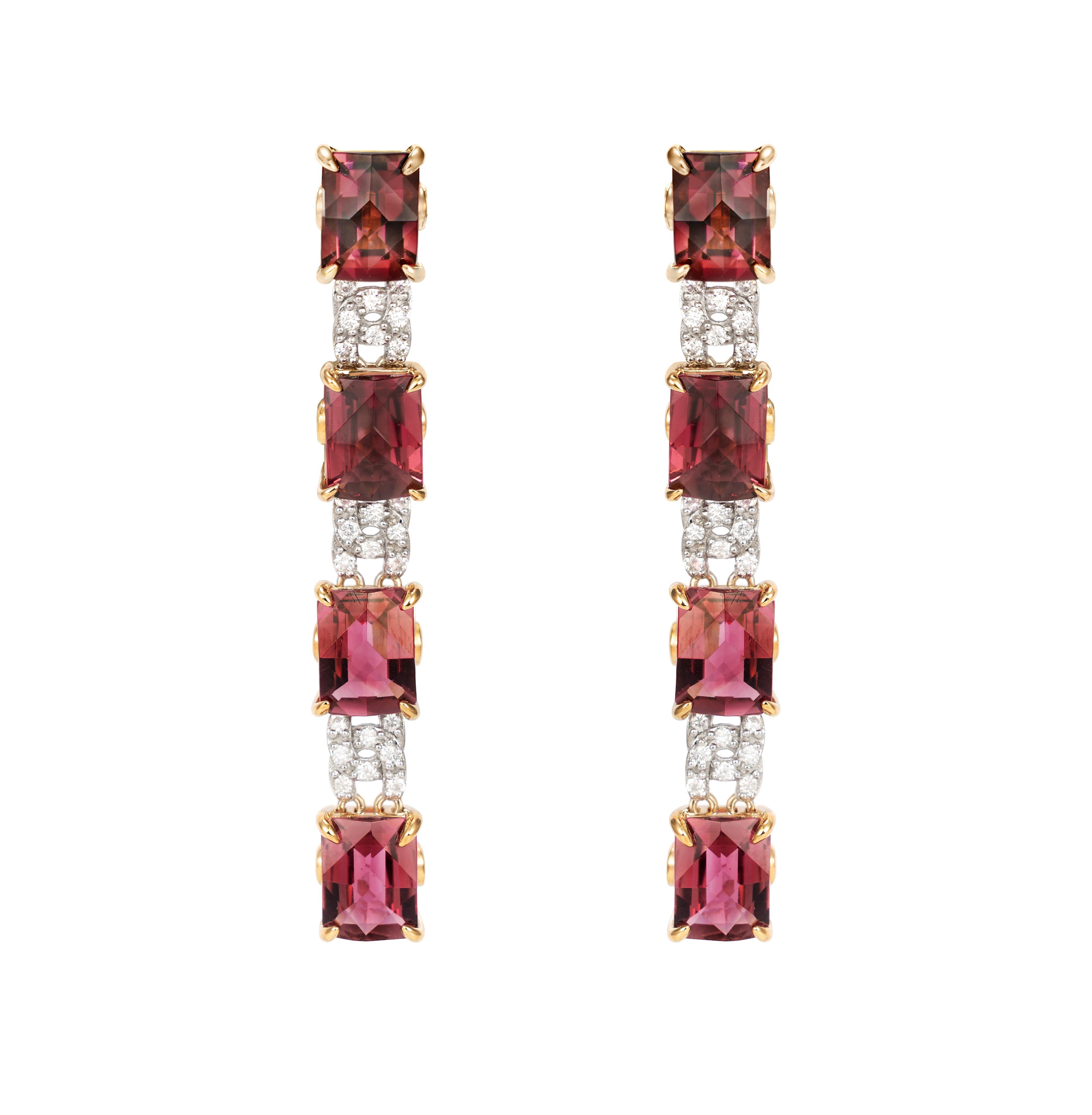 Cushion Cut Fancy Cut Ombre Pink Tourmaline Earrings with Diamond in 18 Karat Gold For Sale