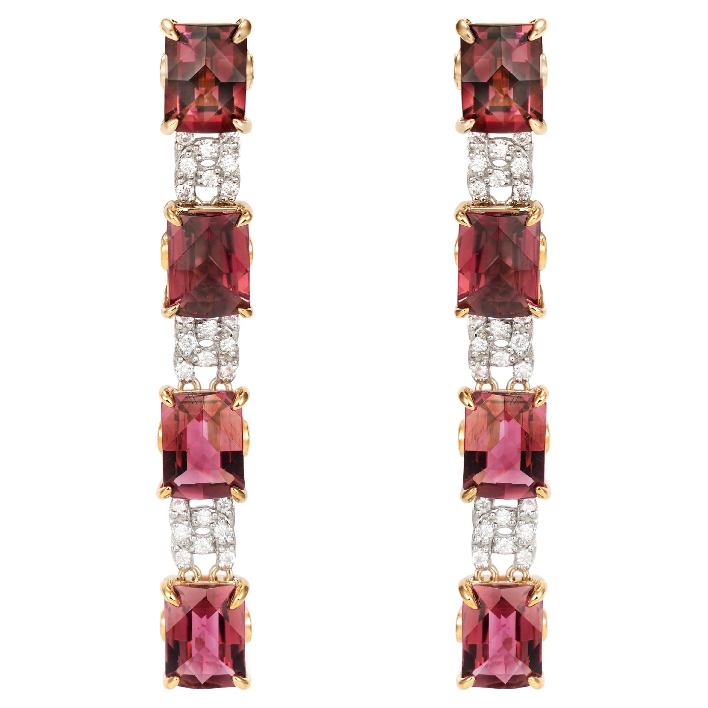 Fancy Cut Ombre Pink Tourmaline Earrings with Diamond in 18 Karat Gold For Sale