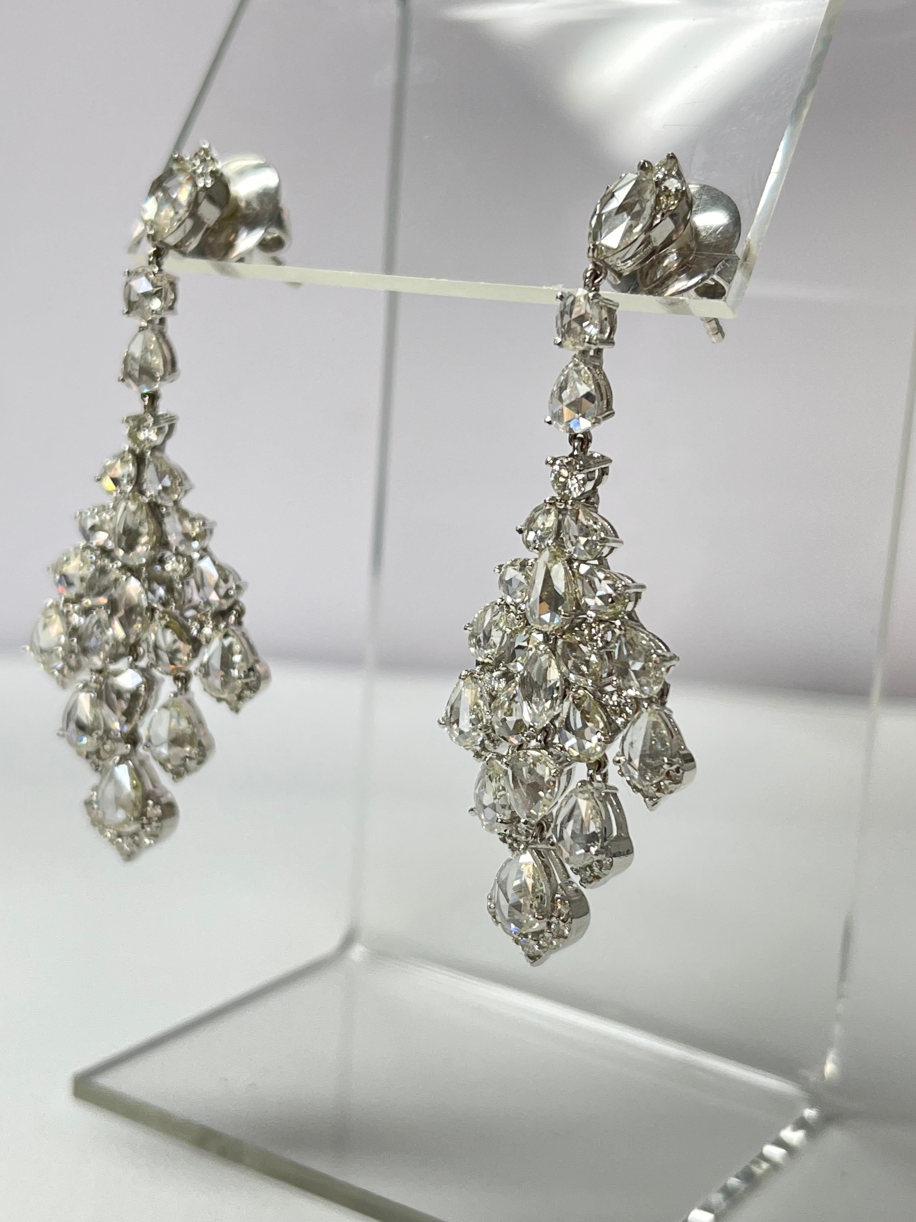 Fancy Cut Rose Cut Diamond and Round Brilliant Diamond Chandelier Earrings In New Condition In New York, NY