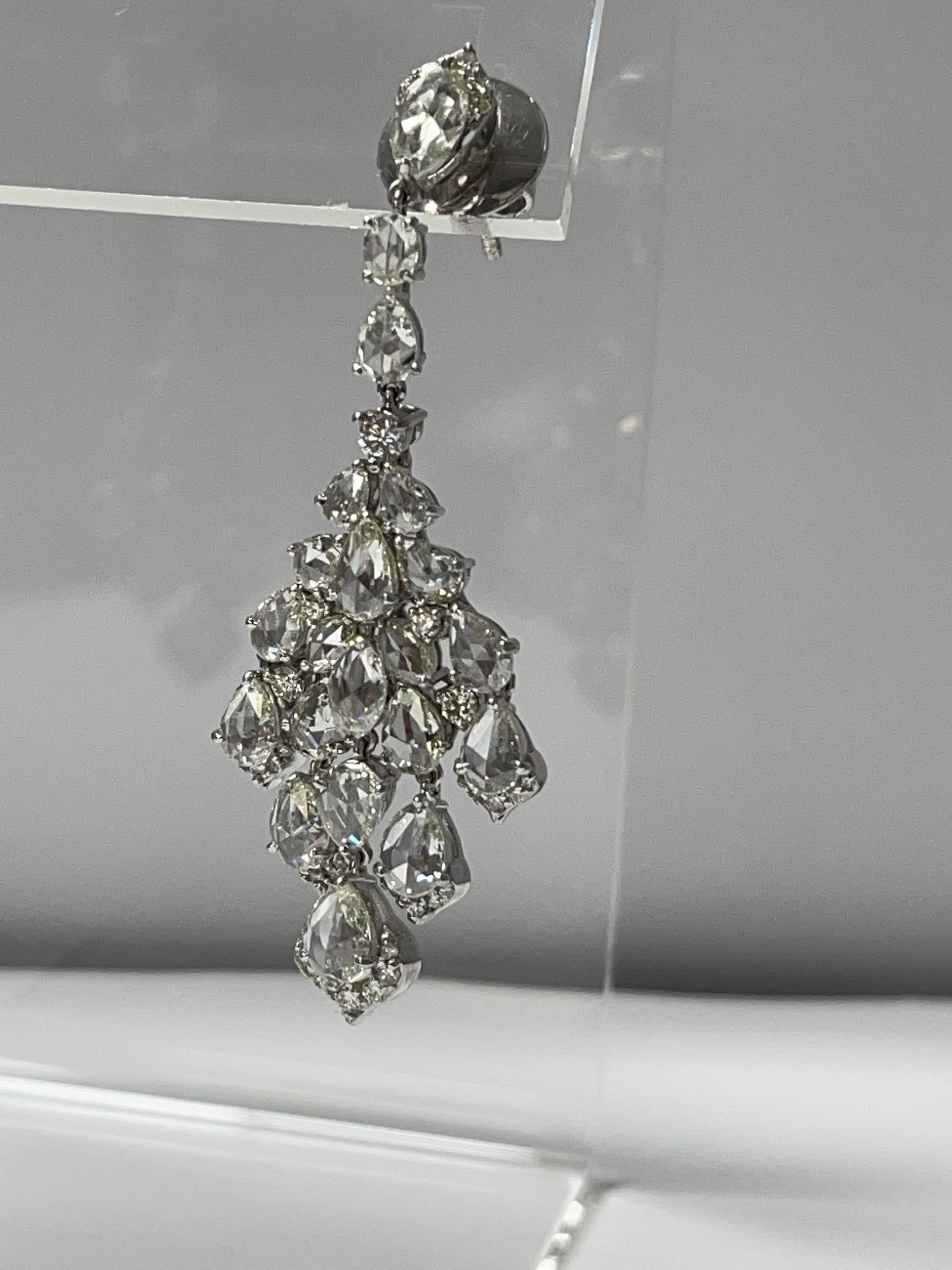 Fancy Cut Rose Cut Diamond and Round Brilliant Diamond Chandelier Earrings 2