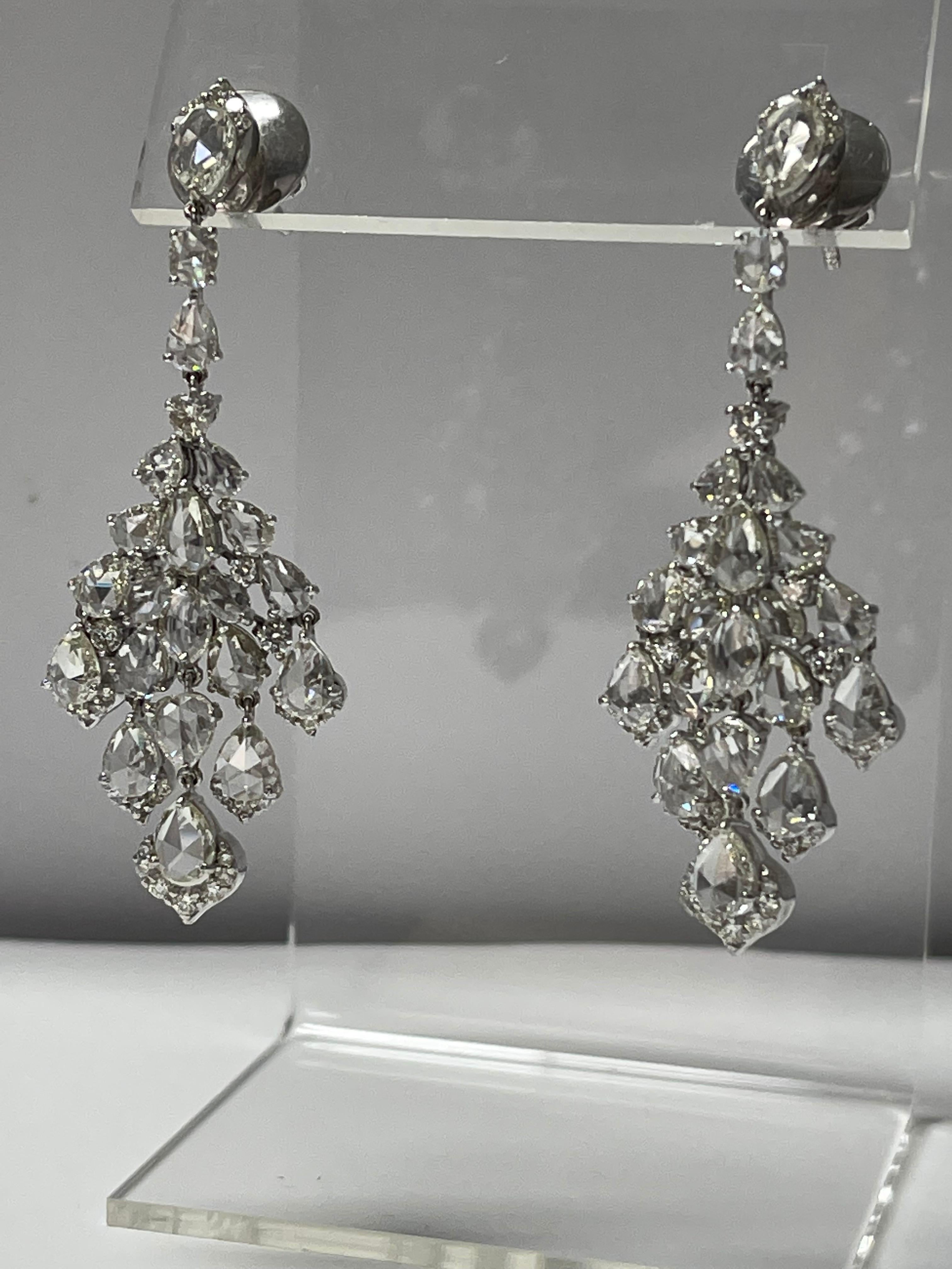Fancy Cut Rose Cut Diamond and Round Brilliant Diamond Chandelier Earrings 3