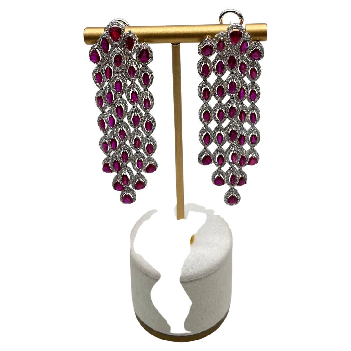 Fancy Cut Shape Red Ruby White Diamonds Halo Statement 18K White Gold Earrings