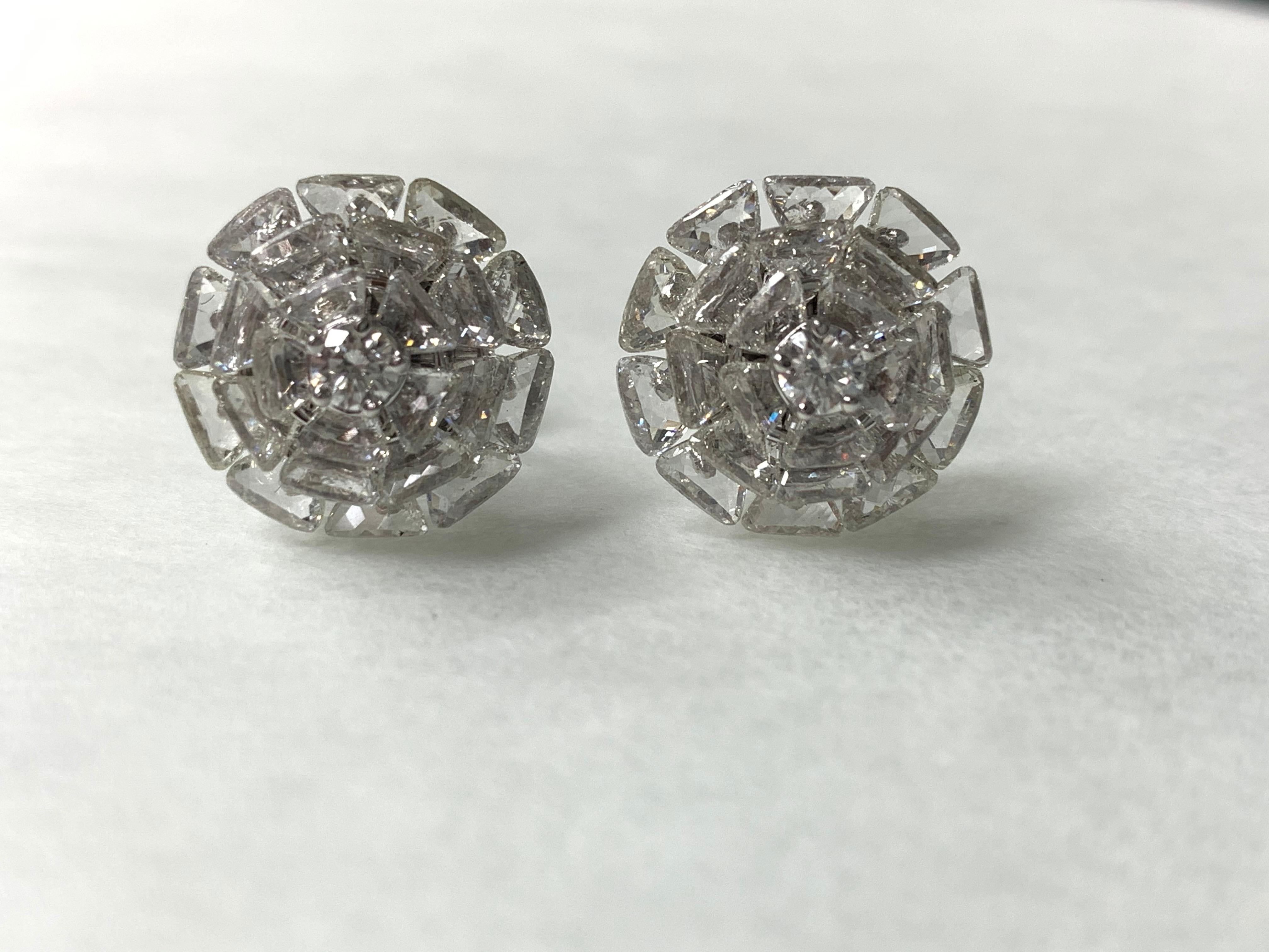 Moguldiam Inc Fancy Cut White Triangle Shape Diamond Stud Earrings In 18k White Gold. 
White Trillion Shape Diamonds : 8.77 carat ( GH color and VS Clarity ) 
Round diamonds : 0.34 carat 
Metal : 18k white gold.