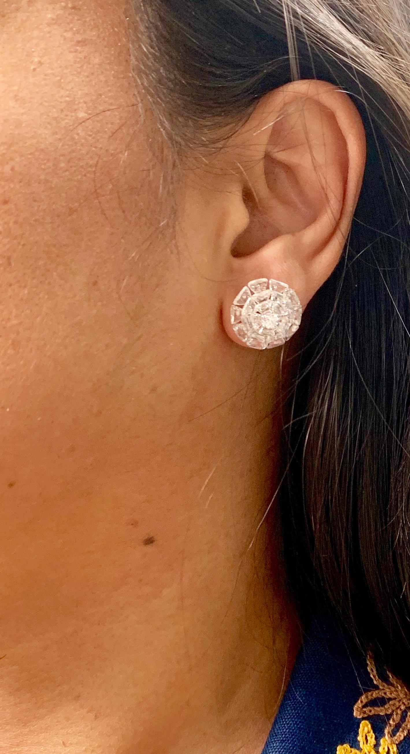 Women's or Men's Fancy Cut White Trillion Shape Diamond Stud Earrings in 18 Karat White Gold