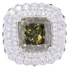 Fancy Dark Brown-Greenish Yellow Cushion Cut Engagement Ring