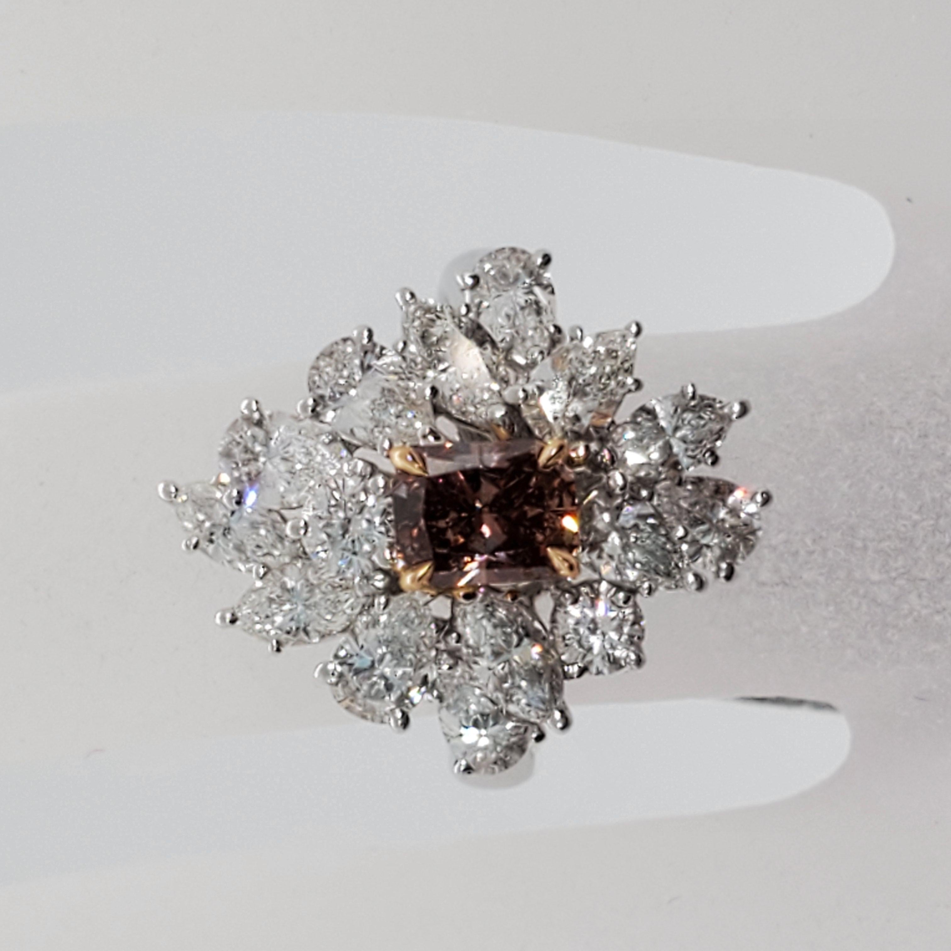 Fancy Deep Brown Pink Radiant Diamond and White Diamond Ring in Platinum and 18k 1