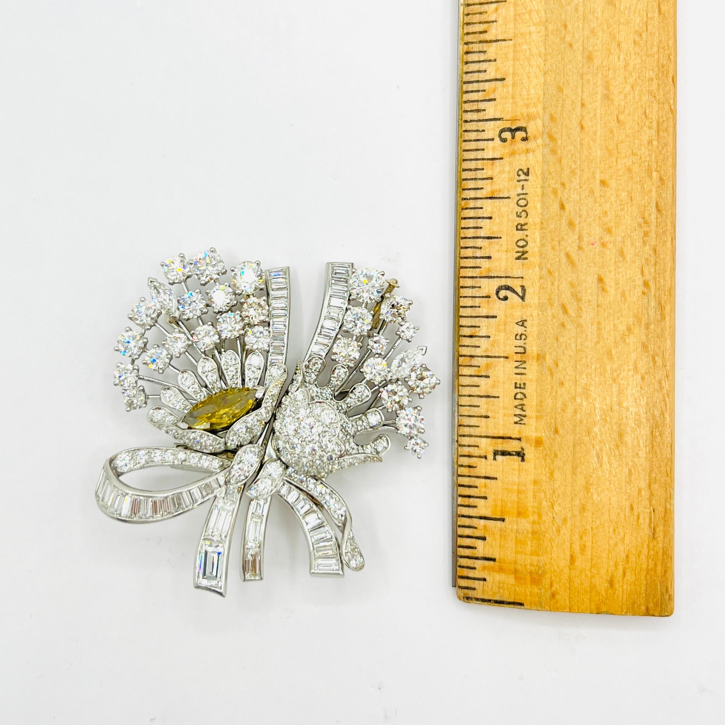 Fancy Deep Brownish Yellow Marquise and White Diamond Brooch in 18K White Gold For Sale 6