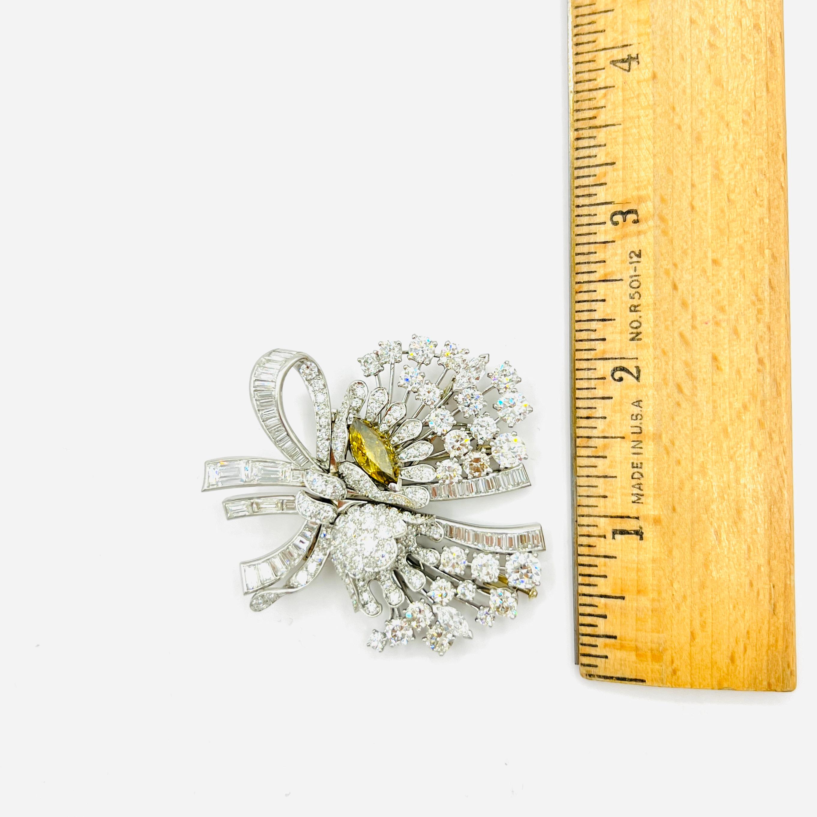Fancy Deep Brownish Yellow Marquise and White Diamond Brooch in 18K White Gold For Sale 7