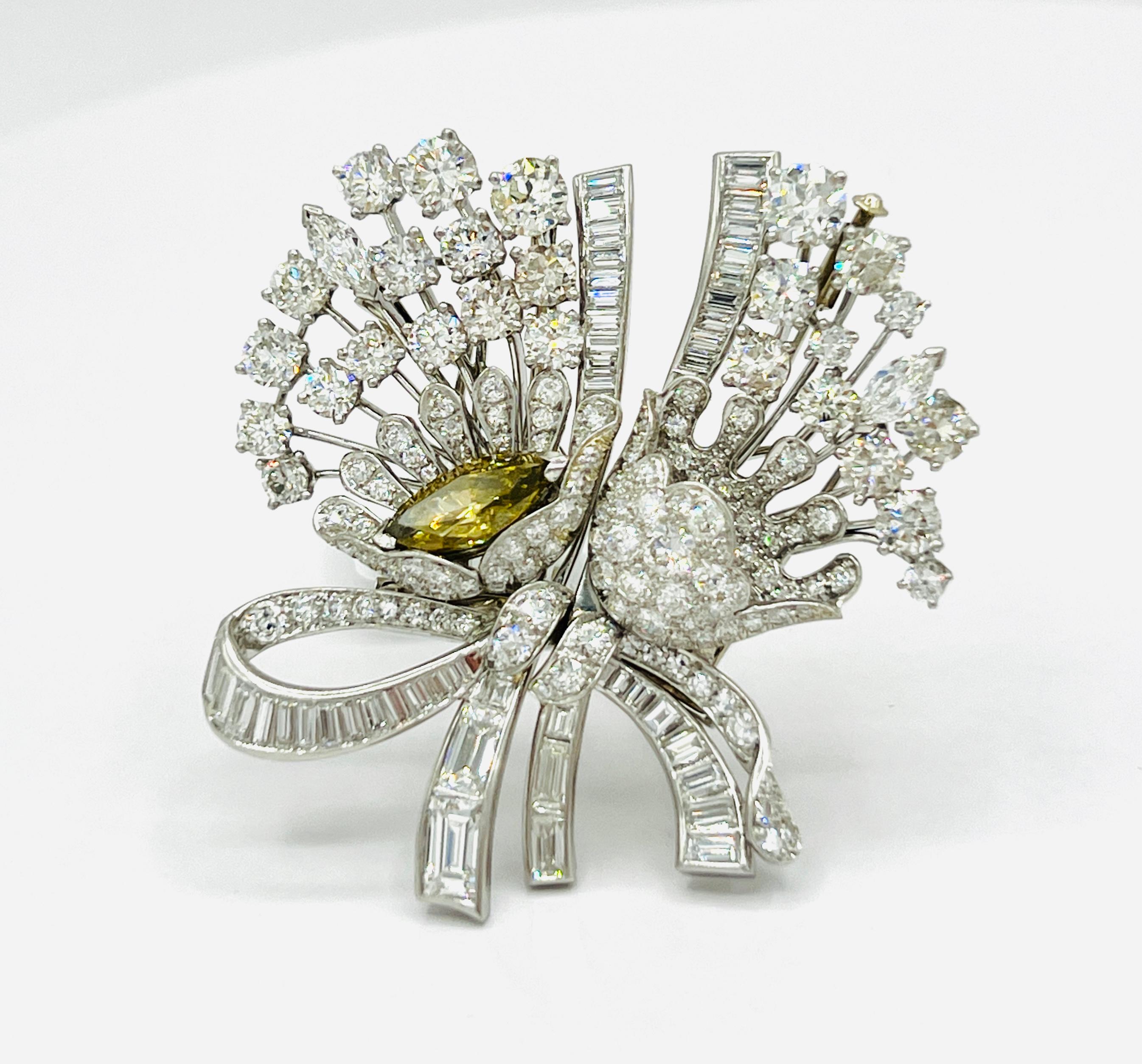 Women's or Men's Fancy Deep Brownish Yellow Marquise and White Diamond Brooch in 18K White Gold For Sale