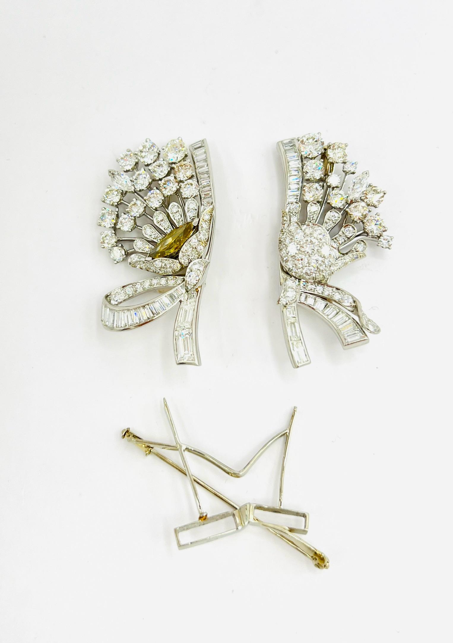 Fancy Deep Brownish Yellow Marquise and White Diamond Brooch in 18K White Gold For Sale 3
