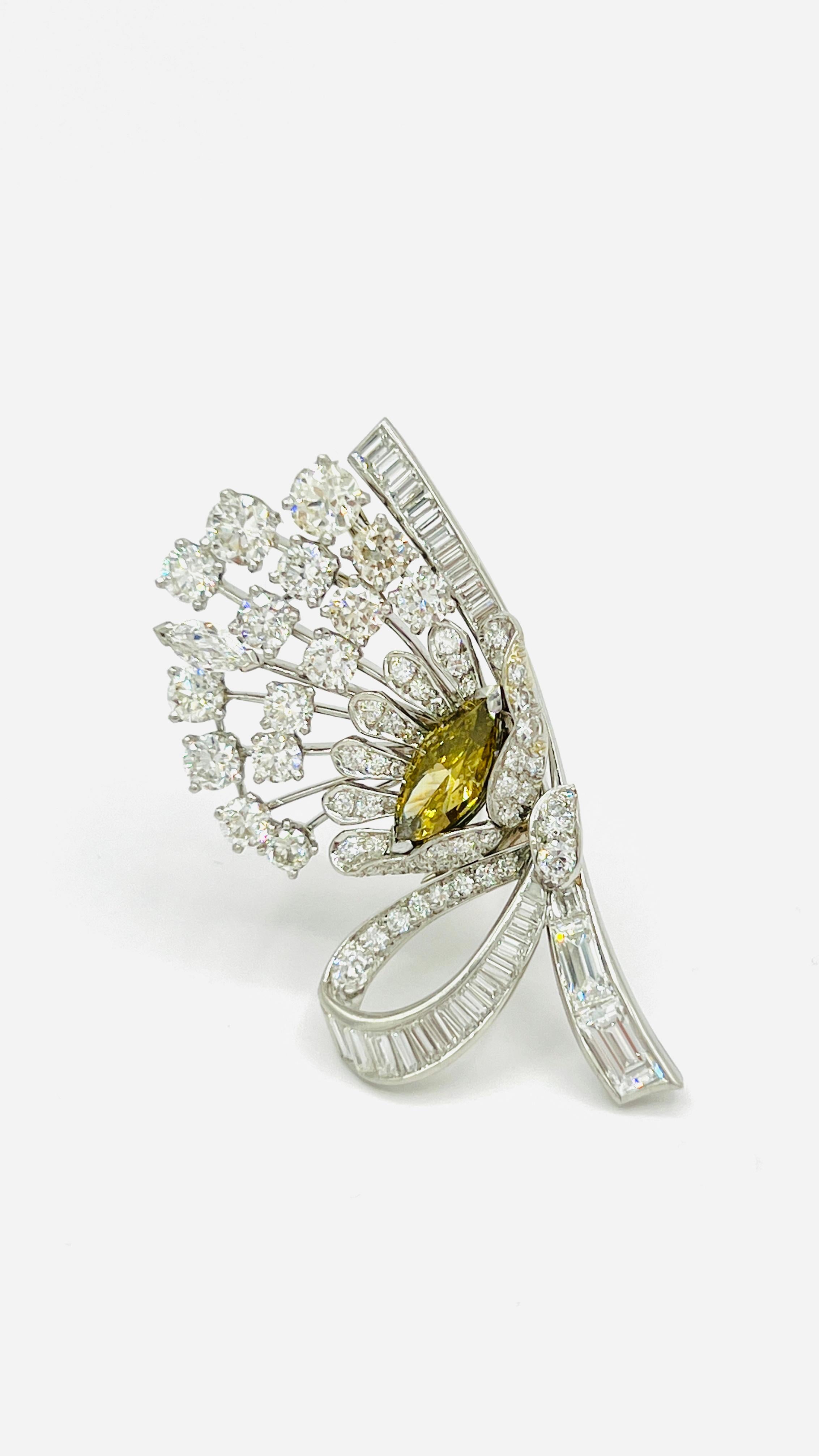 Fancy Deep Brownish Yellow Marquise and White Diamond Brooch in 18K White Gold For Sale 4