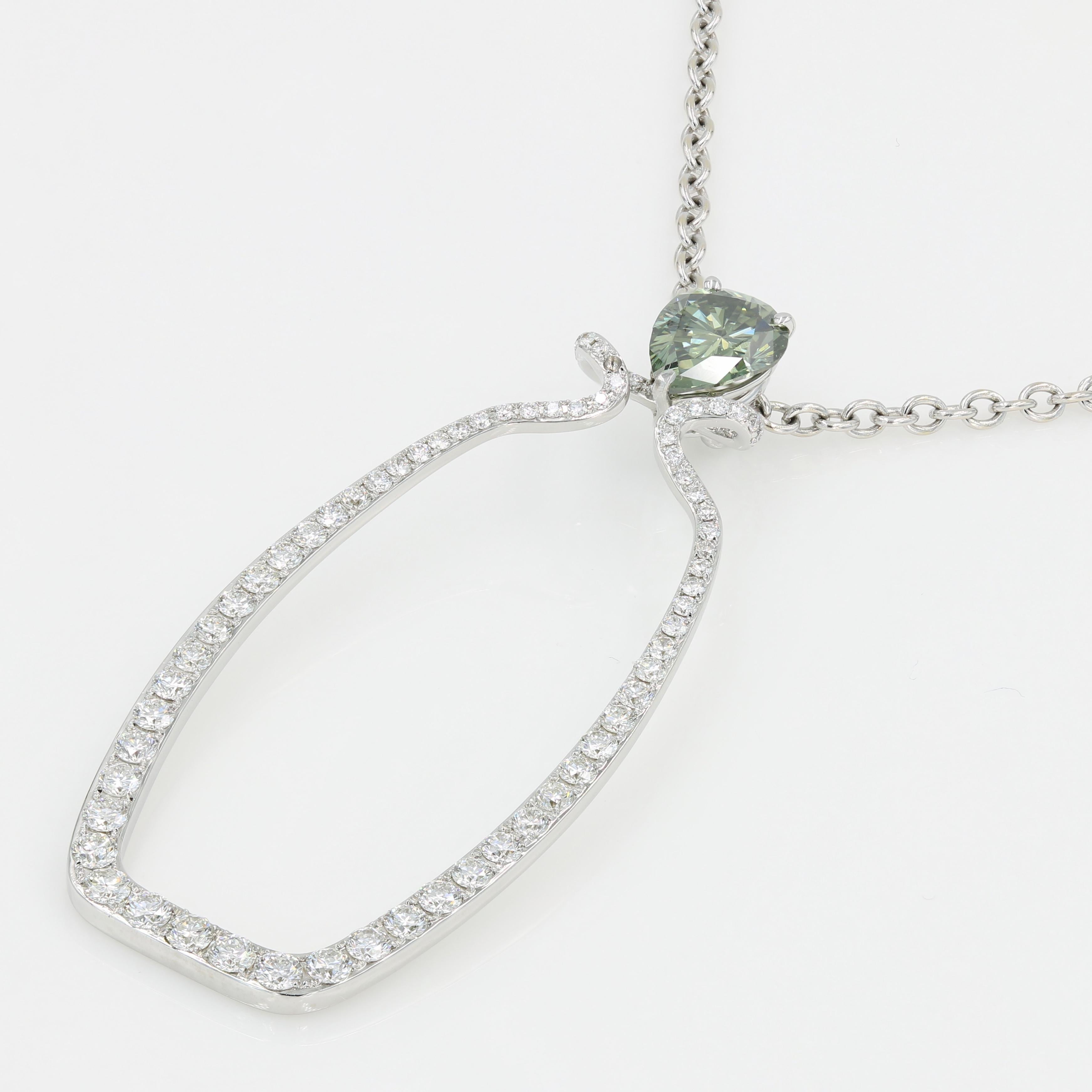 Contemporary Fancy Deep Grayish Yellowish Green, Treated Color Pear Shape Diamond Necklace For Sale