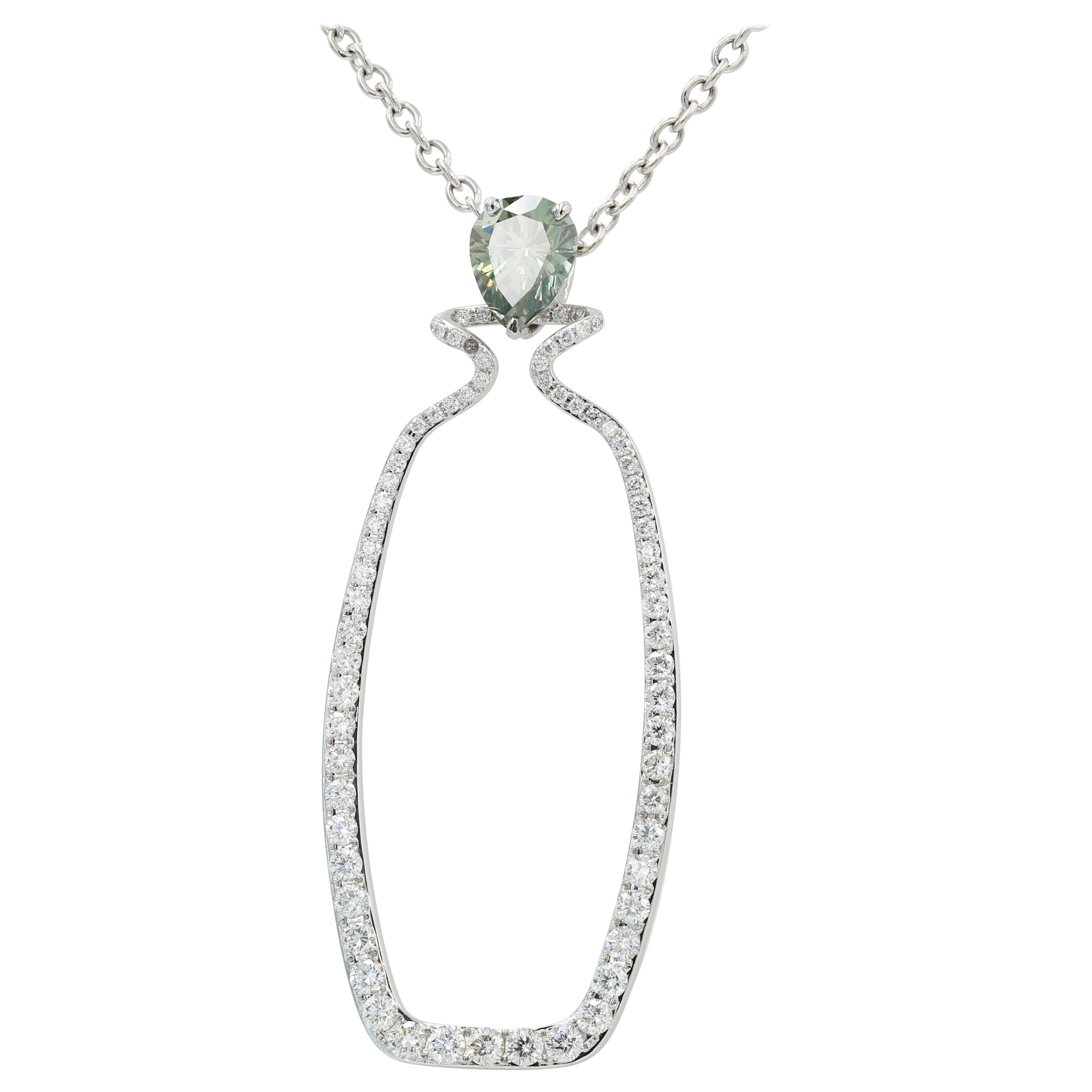 Fancy Deep Grayish Yellowish Green, Treated Color Pear Shape Diamond Necklace For Sale