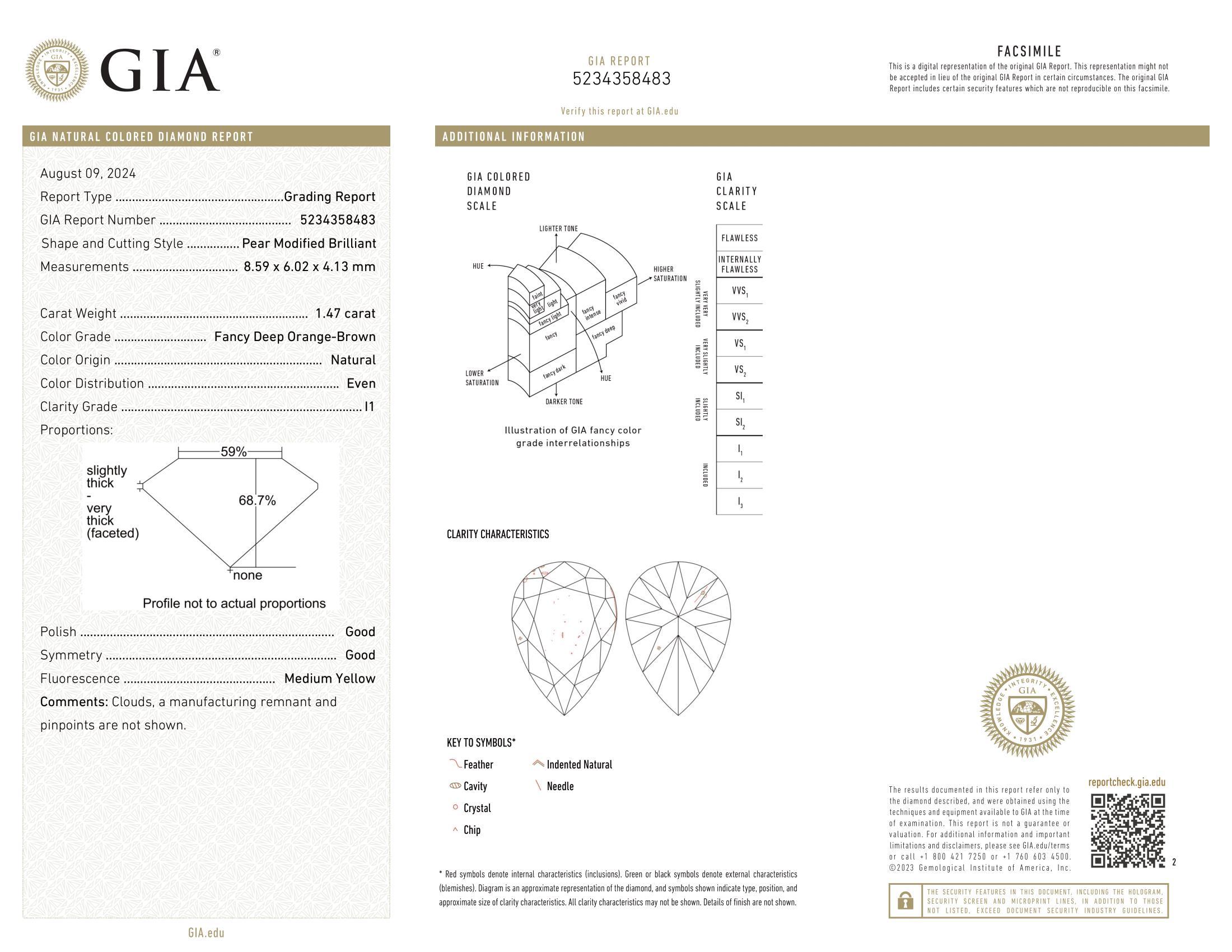 Women's or Men's Fancy Deep Orange Brown GIA Certified 1.47 ct Natural Diamond For Sale