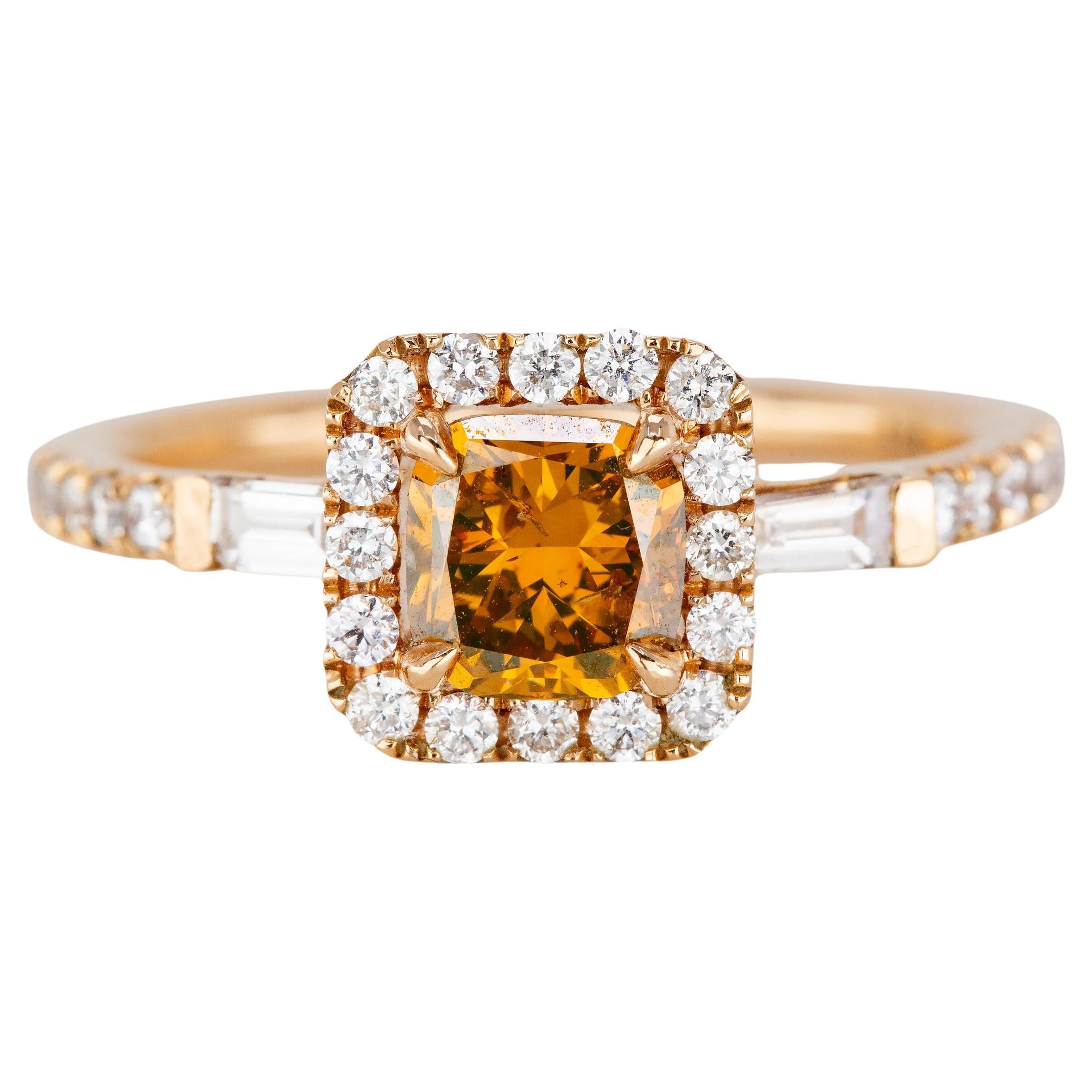 Fancy Deep Orange Radiant Cut And Diamond Stone Engagement Ring