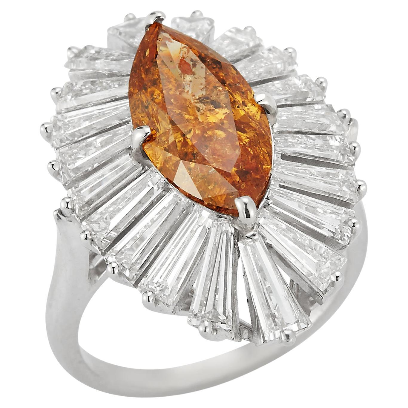 Fancy Deep Orange Yellow Marquise & Baguette Cut Diamond Ring For Sale