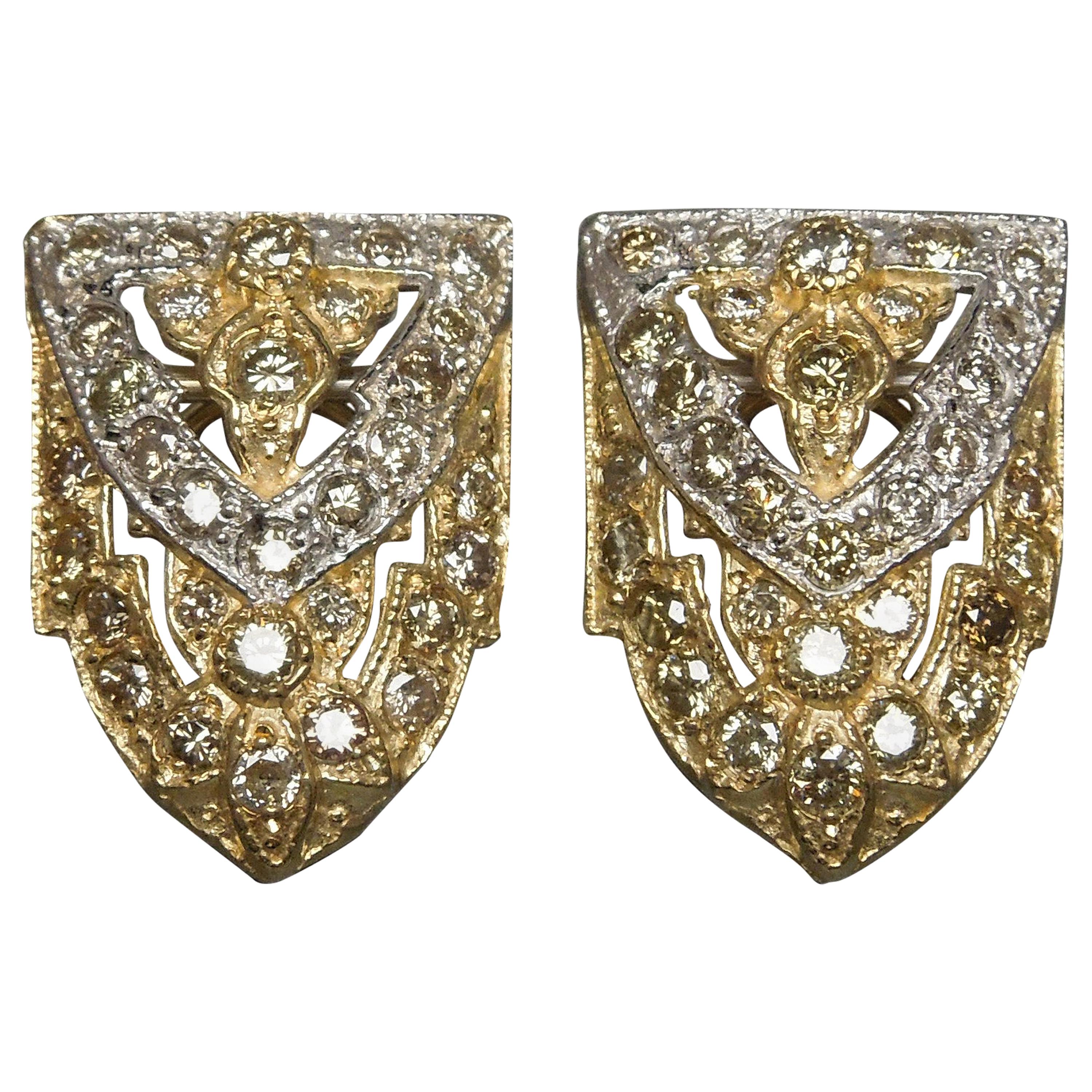 Fancy Diamond 14 Karat Shield Cathedral Earrings For Sale