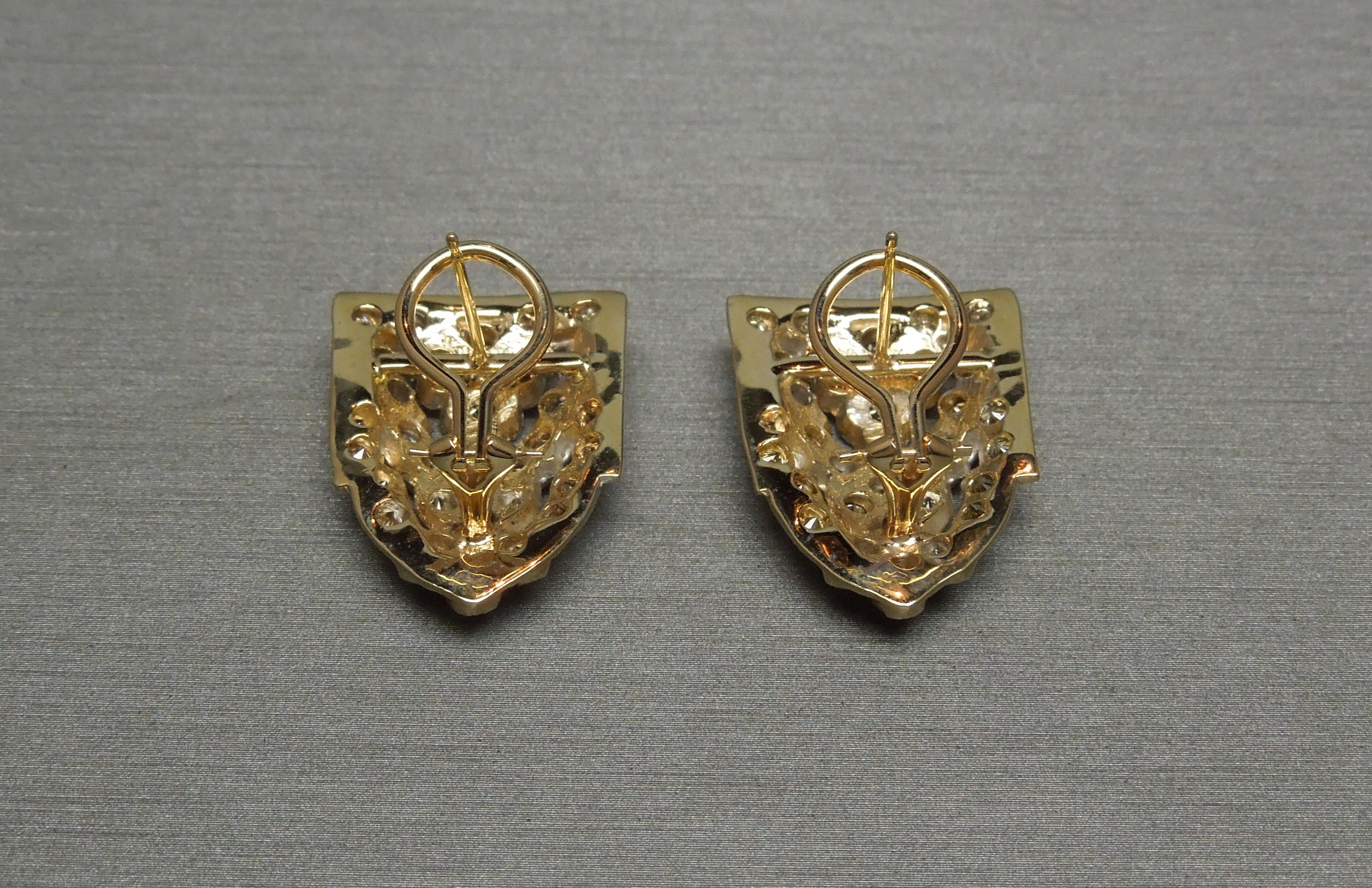 Round Cut Fancy Diamond 14 Karat Shield Cathedral Earrings For Sale