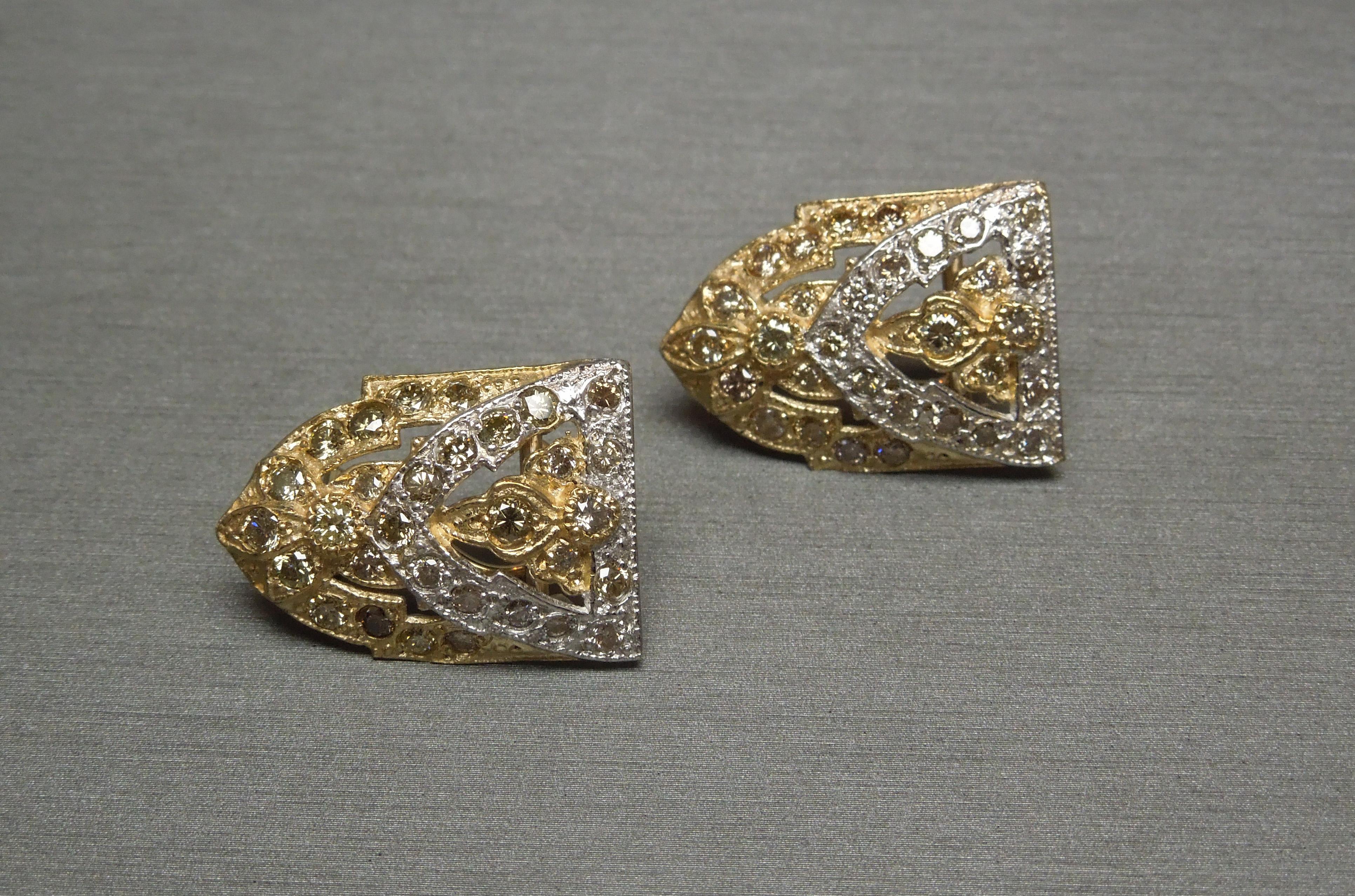 Women's Fancy Diamond 14 Karat Shield Cathedral Earrings For Sale