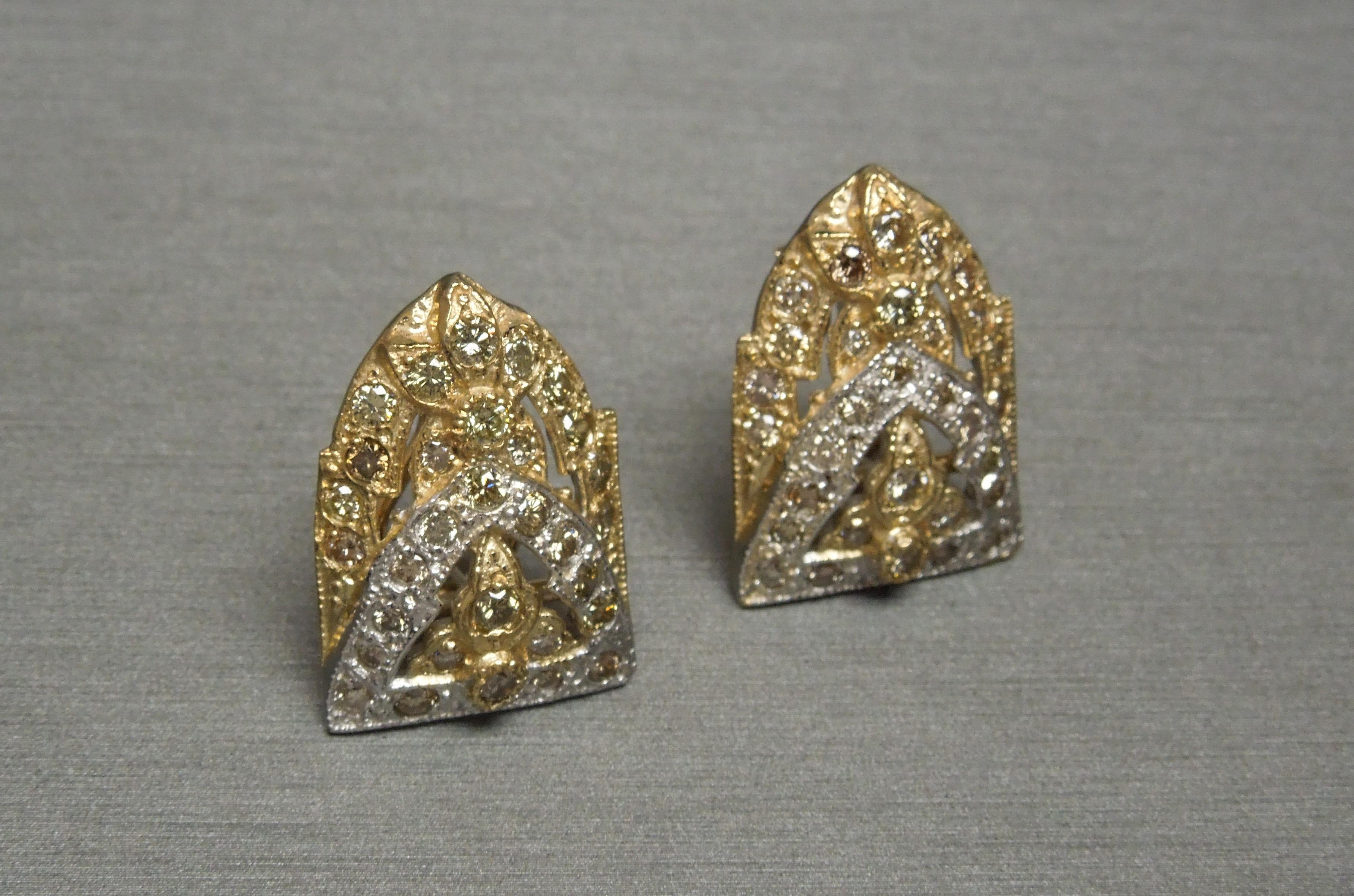 Fancy Diamond 14 Karat Shield Cathedral Earrings For Sale 1