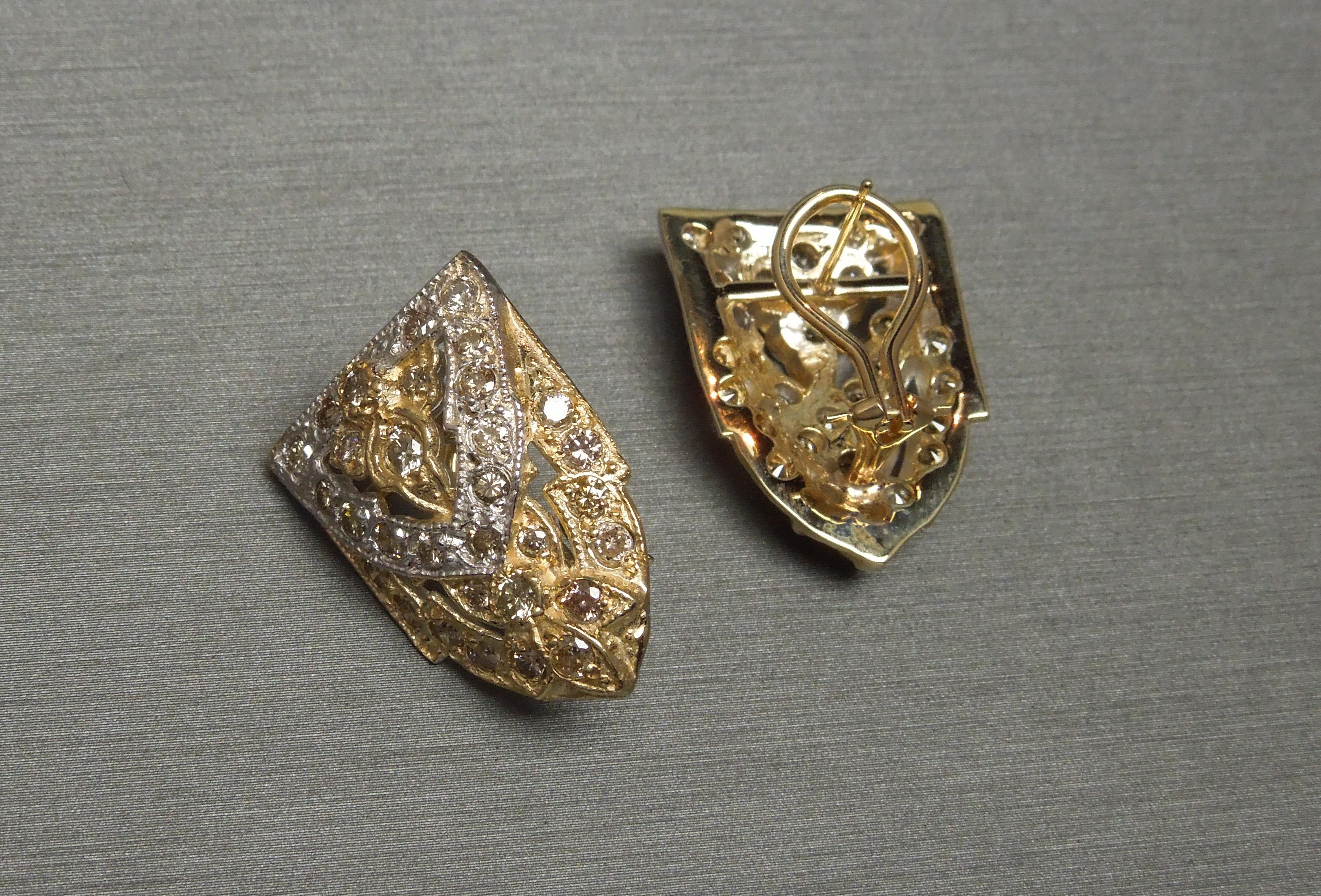 Fancy Diamond 14 Karat Shield Cathedral Earrings For Sale 3