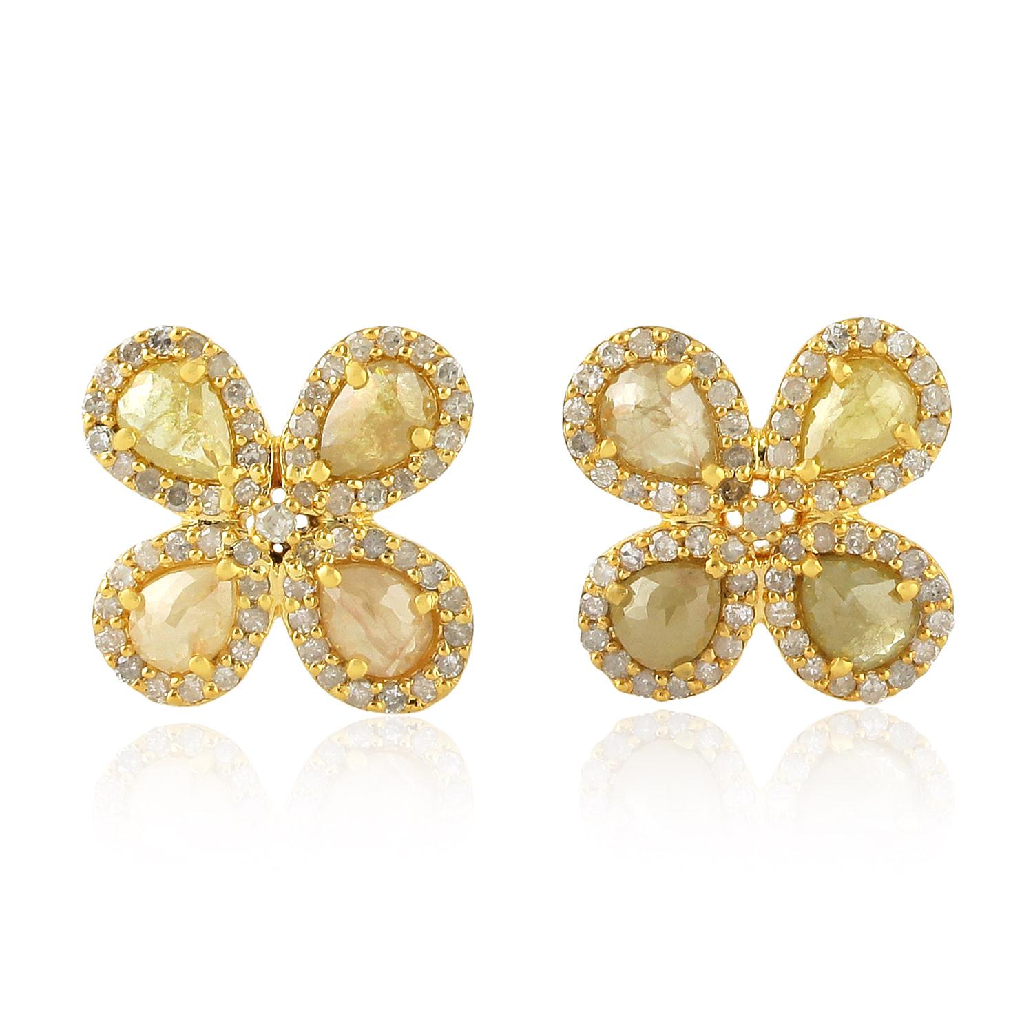 Uncut Fancy Diamond 18 Karat Gold Clover Stud Earrings For Sale
