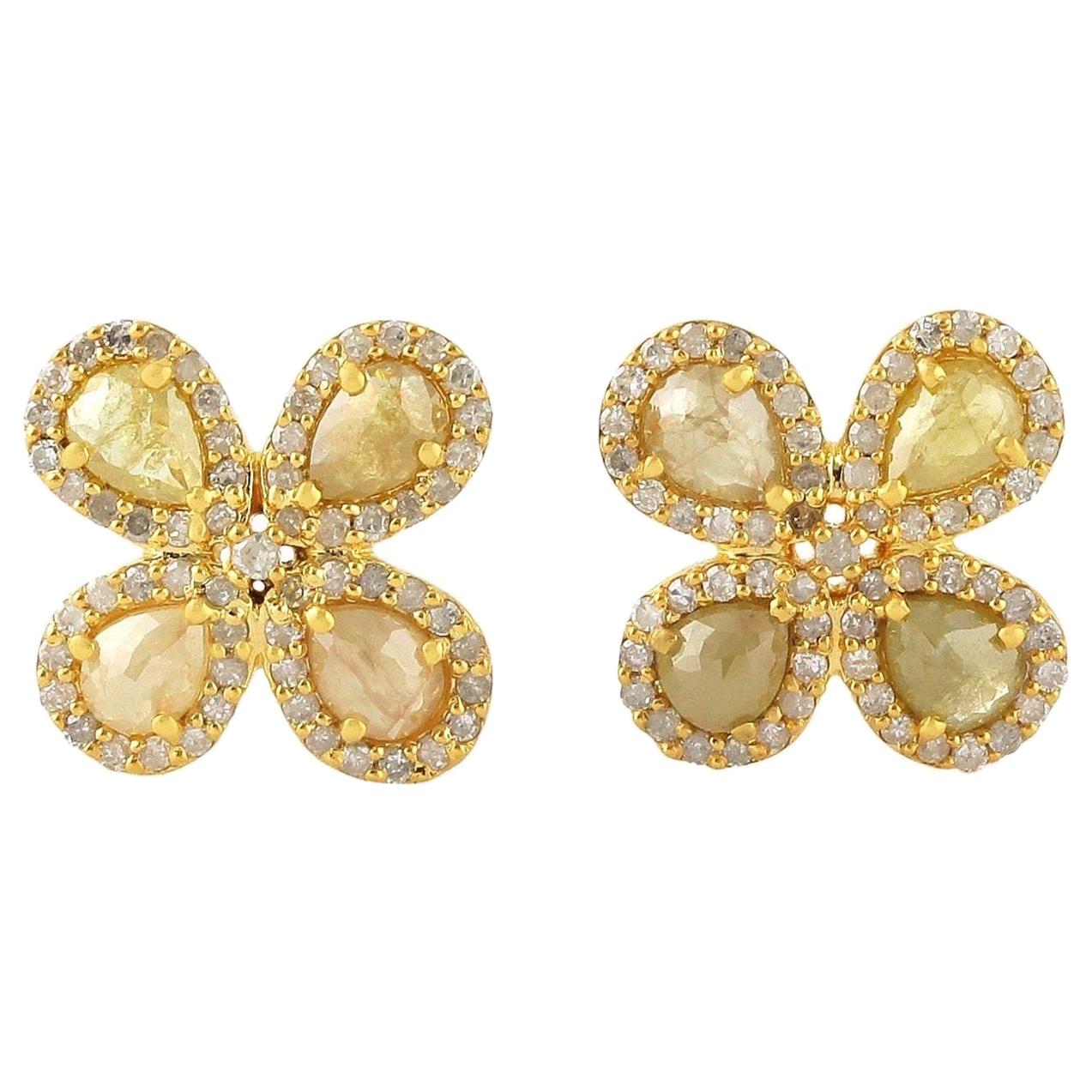 Fancy Diamond 18 Karat Gold Clover Stud Earrings For Sale