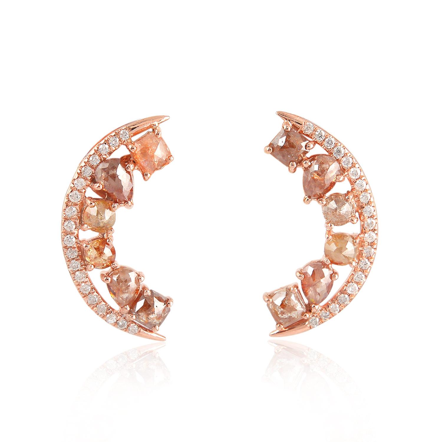 Contemporary Fancy Diamond 18 Karat Gold Crescent Stud Earrings For Sale