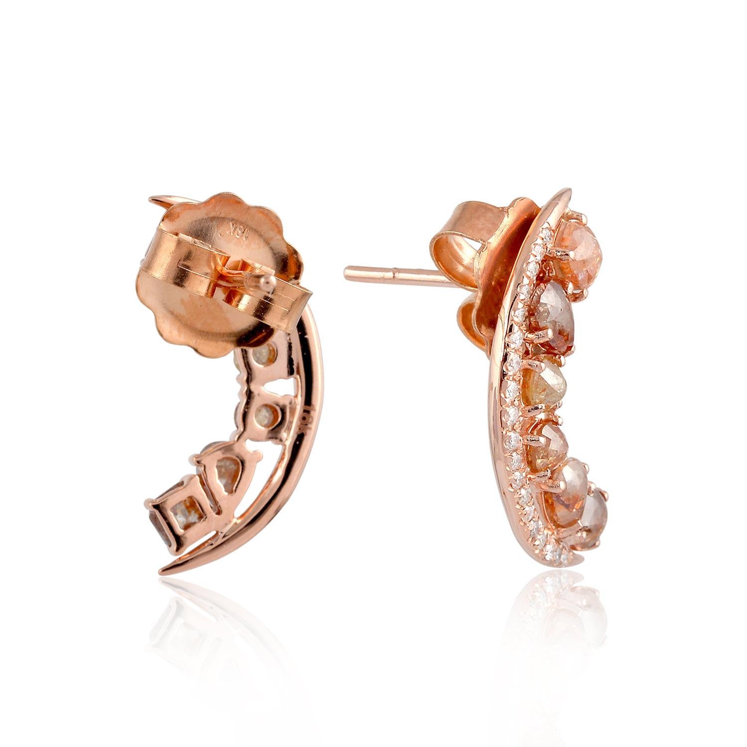 Mixed Cut Fancy Diamond 18 Karat Gold Crescent Stud Earrings For Sale