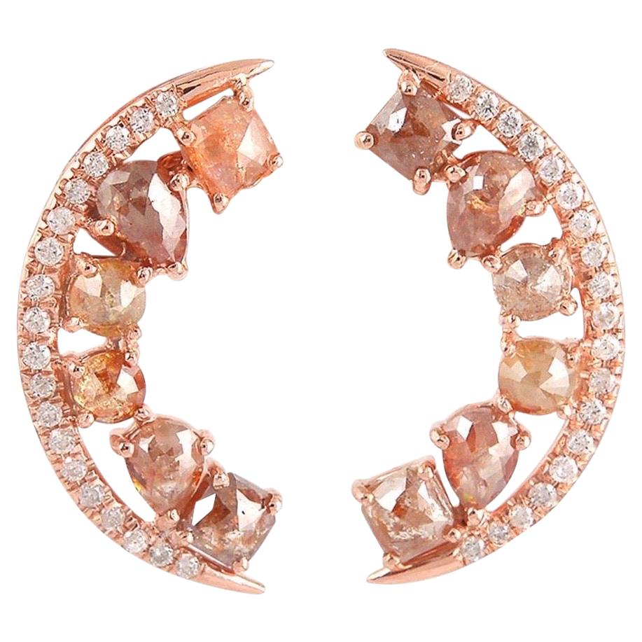Fancy Diamond 18 Karat Gold Crescent Stud Earrings For Sale