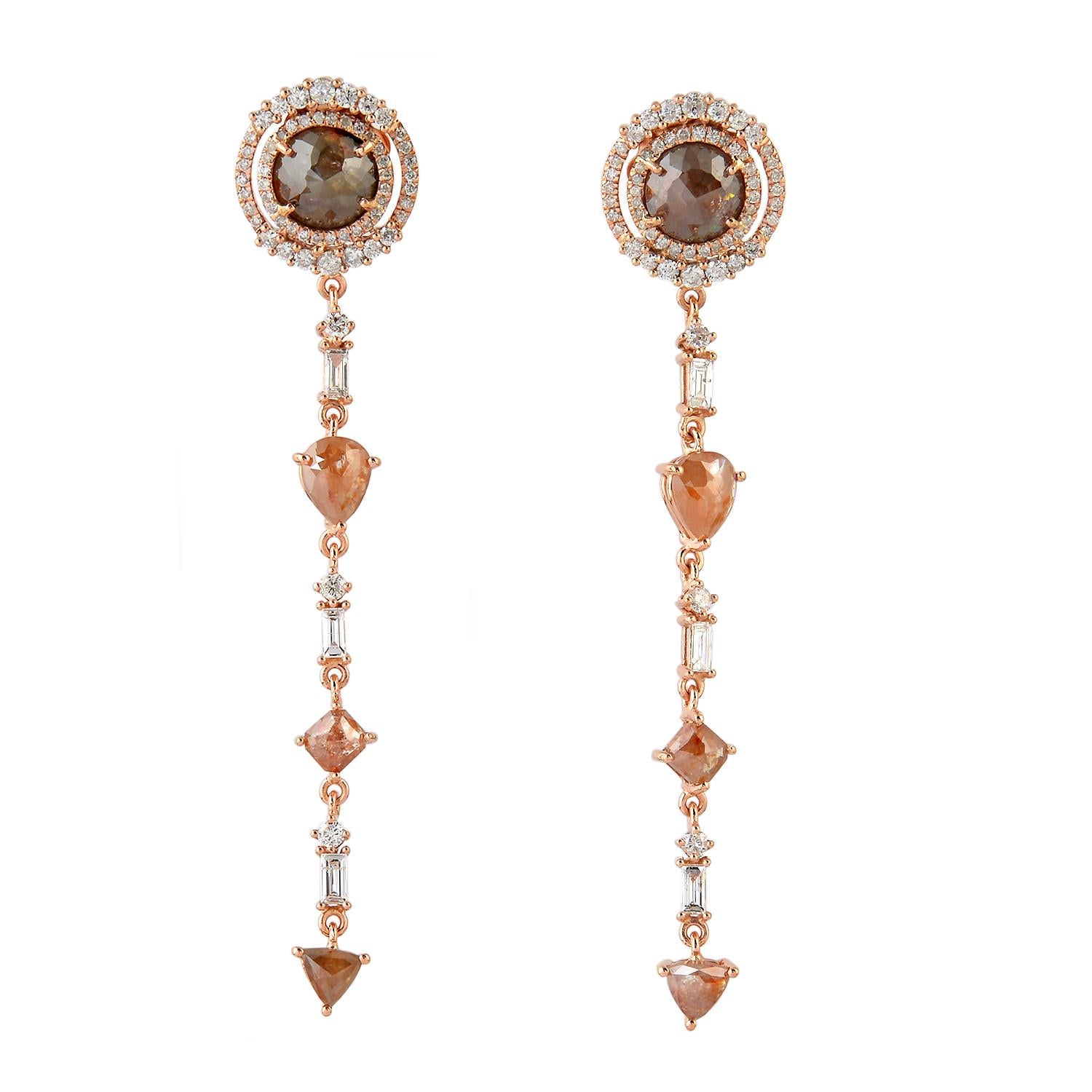 Rose Cut Fancy Diamond 18 Karat Gold Earrings For Sale