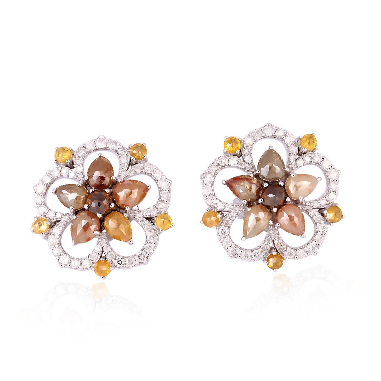 Rose Cut Fancy Diamond 18 Karat Gold Floral Stud Earrings For Sale