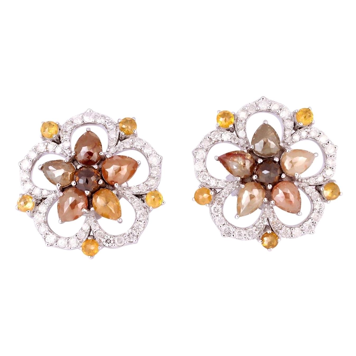 Fancy Diamond 18 Karat Gold Floral Stud Earrings For Sale