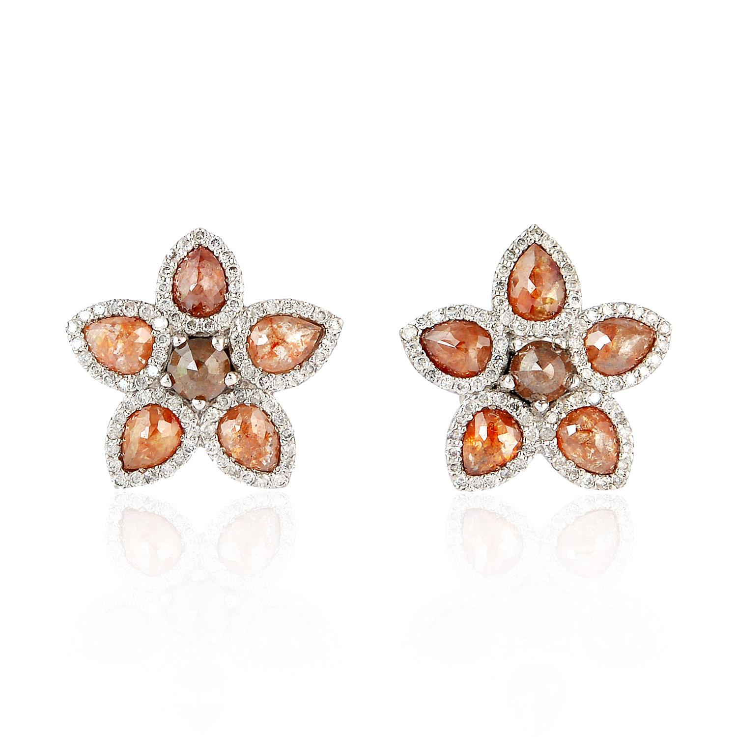 Uncut Fancy Diamond 18 Karat Gold Flower Stud Earrings For Sale