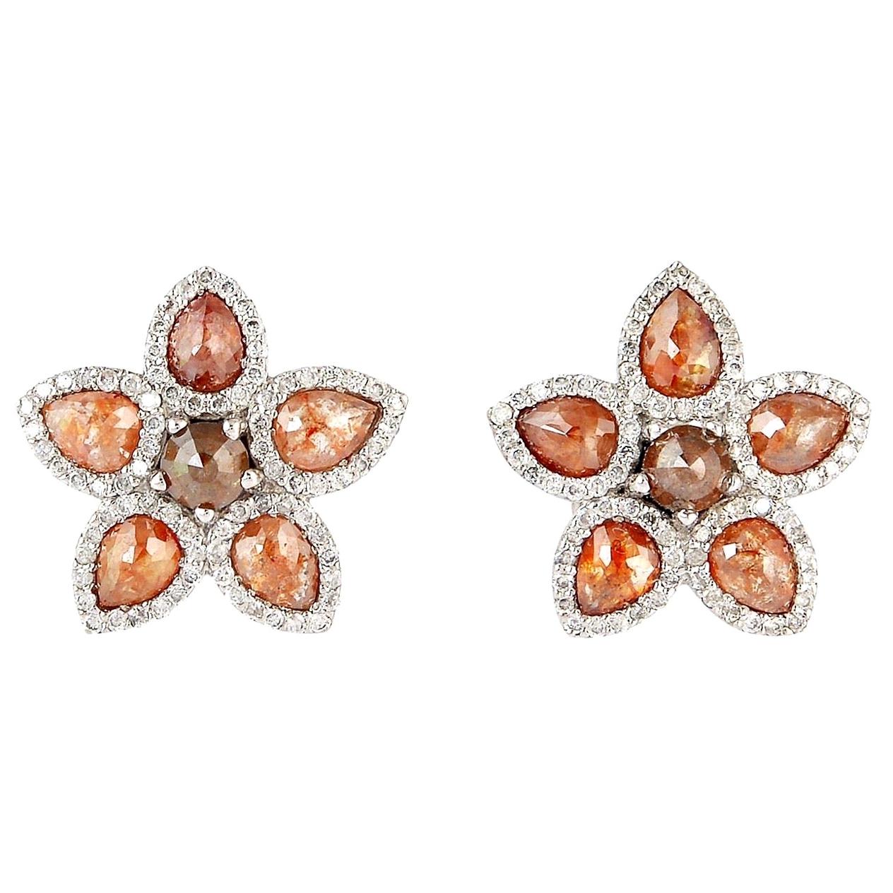 Fancy Diamond 18 Karat Gold Flower Stud Earrings
