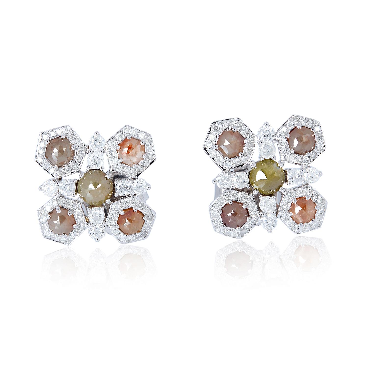 Rose Cut Fancy Diamond 18 Karat Gold Stud Earrings For Sale