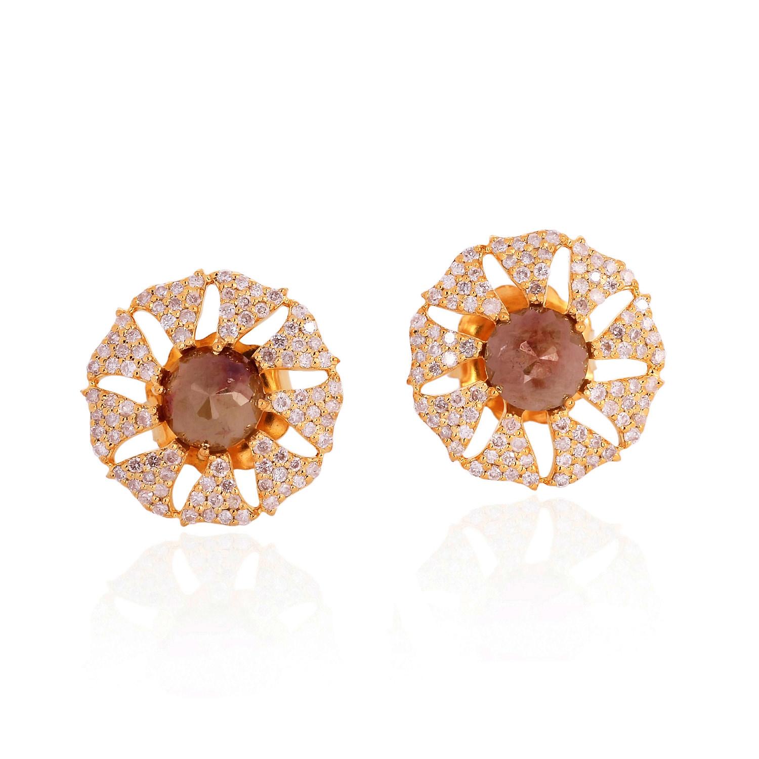 Uncut Fancy Diamond 18 Karat Gold Sunlight Stud Earrings For Sale