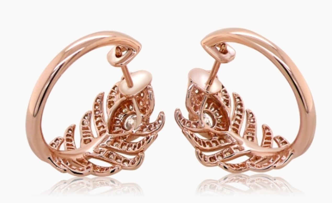 Mixed Cut Fancy Diamond 18K Rose Gold Feather Bird Fantasy Earrings For Sale