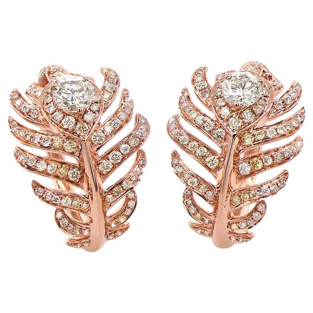 Fancy Diamond 18K Rose Gold Feather Bird Fantasy Earrings For Sale
