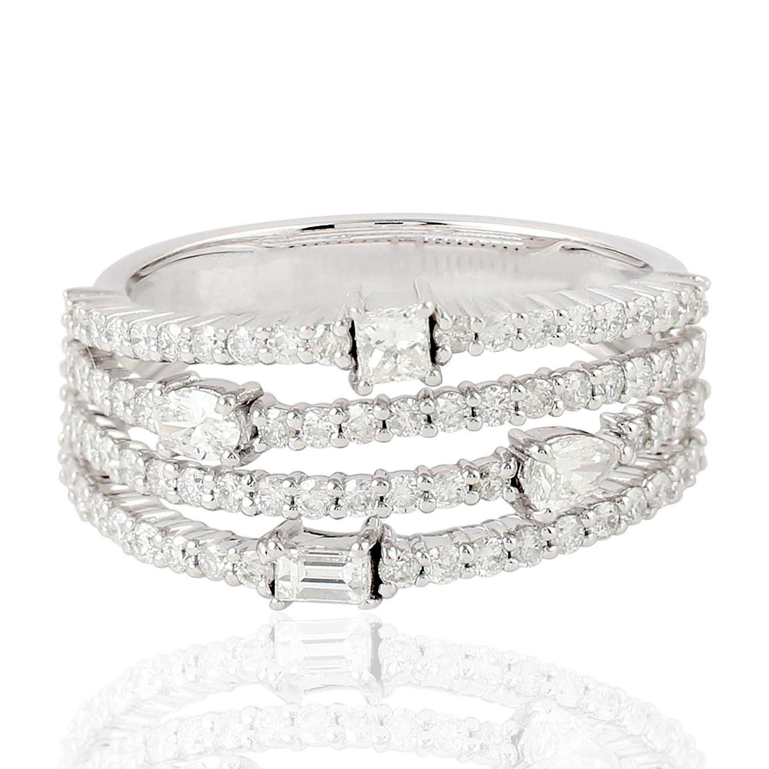 Mixed Cut Fancy Diamond Band Ring With Pave Diamonds Made In 18k White Gold For Sale