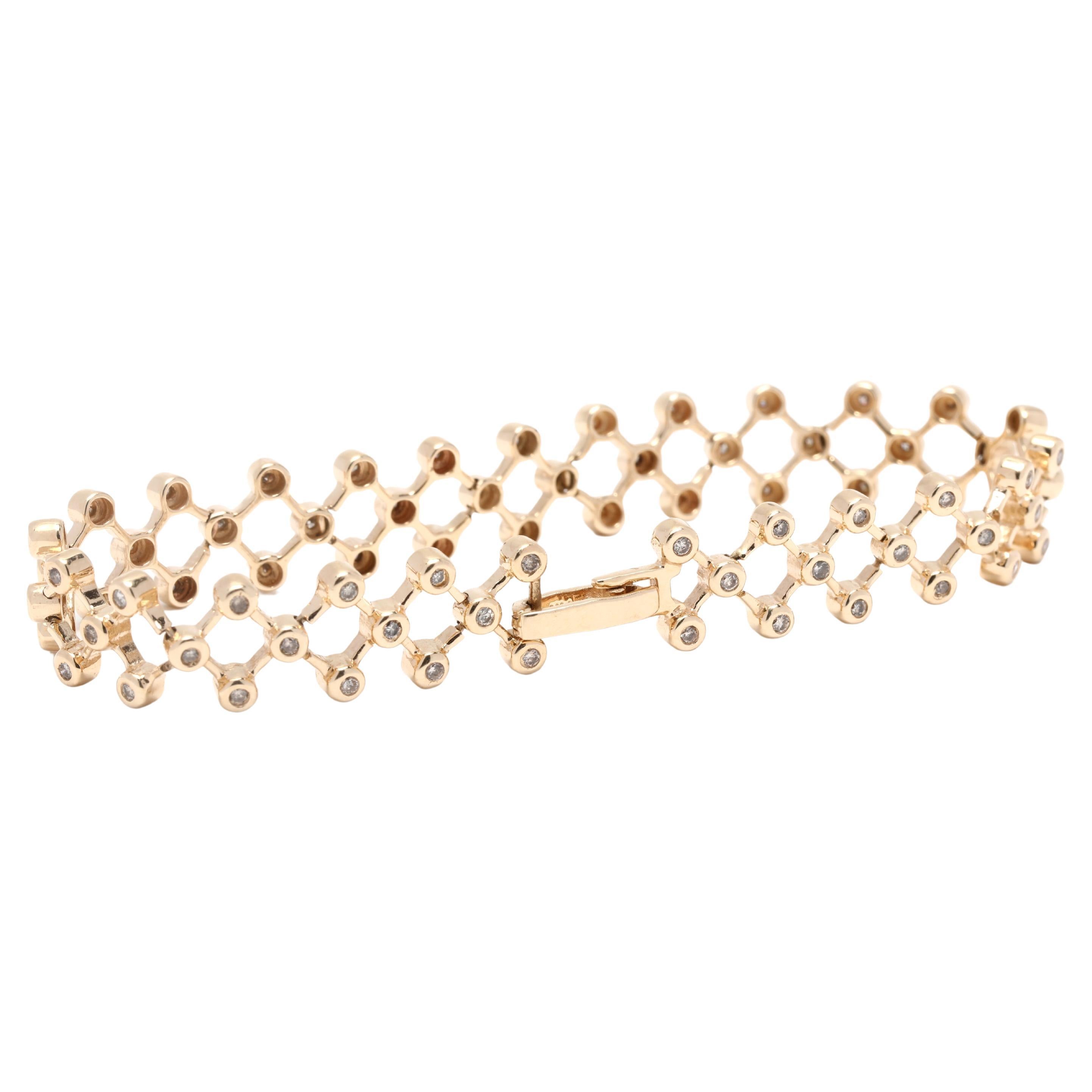 This dazzling diamond lattice bracelet is an eye-catching piece of jewelry. Crafted from 14K yellow gold, it features a total of 1ctw of fancy diamonds arranged in a lattice pattern across the entire bracelet. The 7.25 inch length makes it a perfect