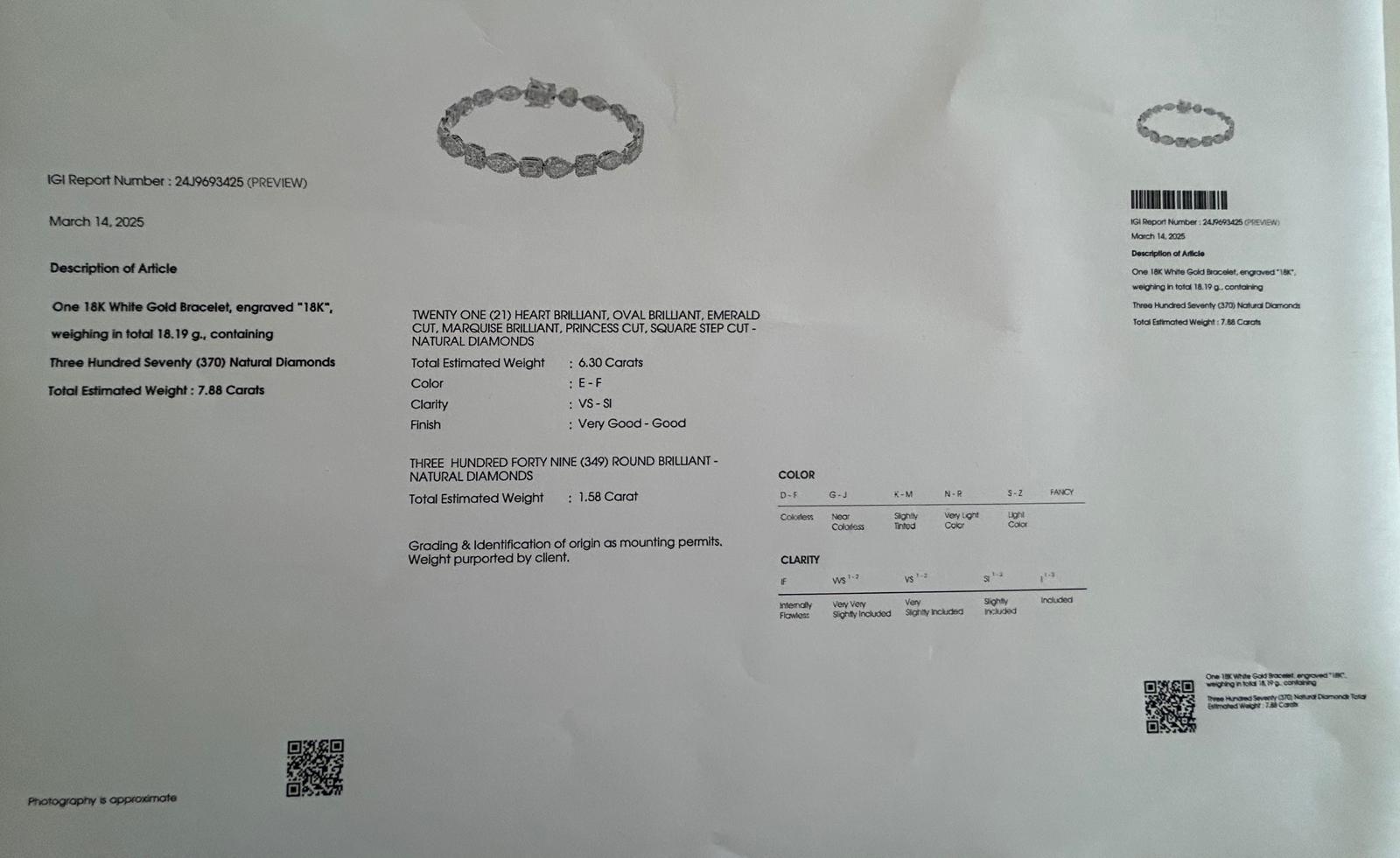 Fancy Diamond Bracelet 8 Carat, 18 K White Gold IGI cerified In New Condition For Sale In Ramat Gan, IL