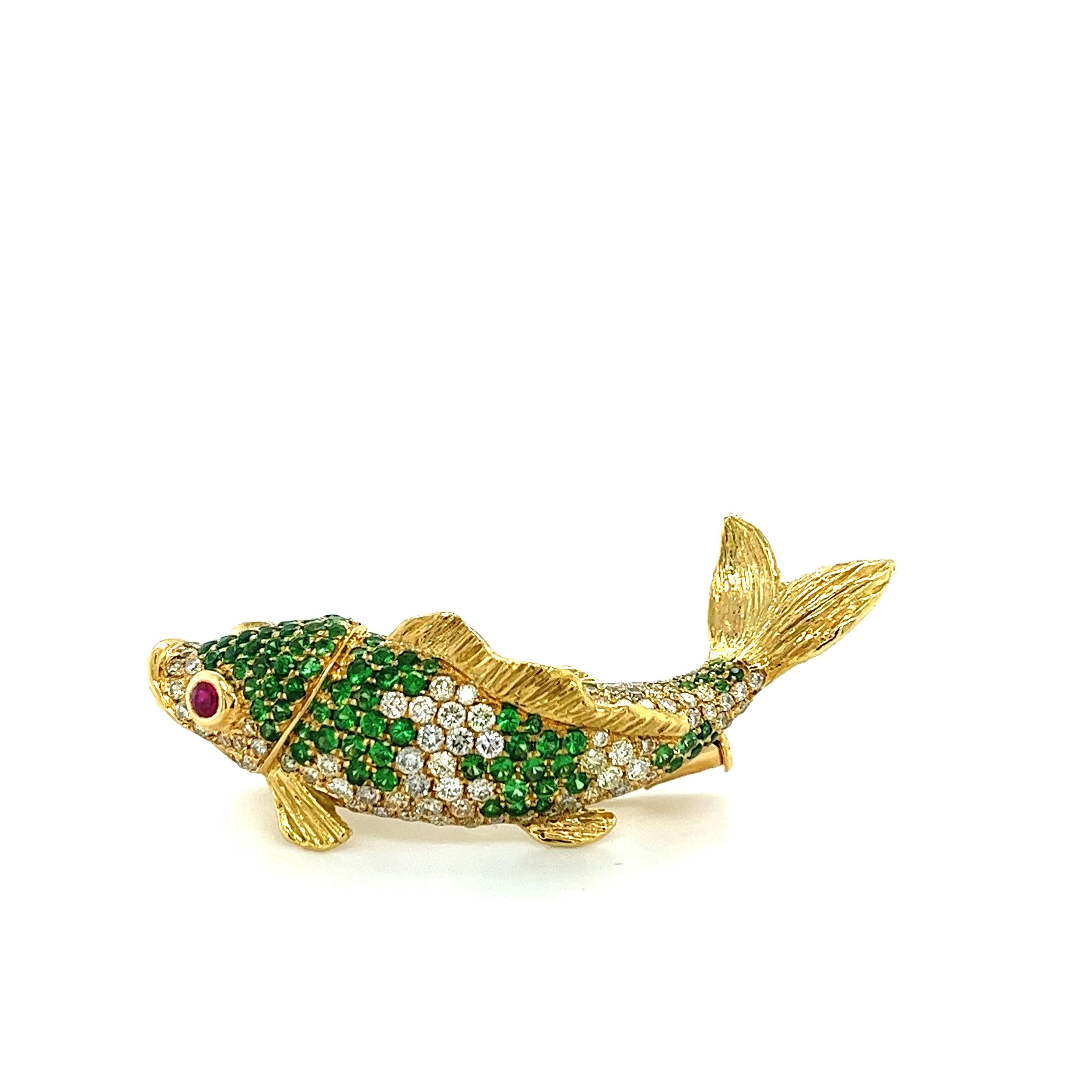 Fancy Diamond & Ruby Fish 18K Rose Gold Brooch

16 Fancy Diamonds 1.50 CT
111 Green Garnet 1.81 CT
2 Rubies 0.16 CT
18K Rose Gold 11.96 GM

The pomegranate stone of Garnet gleams with a dark red luster that instantly stirs the soul. This precious