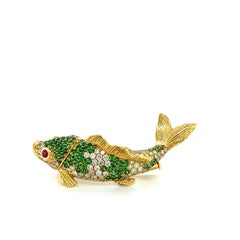 18K Yellow Gold Fancy Diamond & Green Garnet Fish Brooch