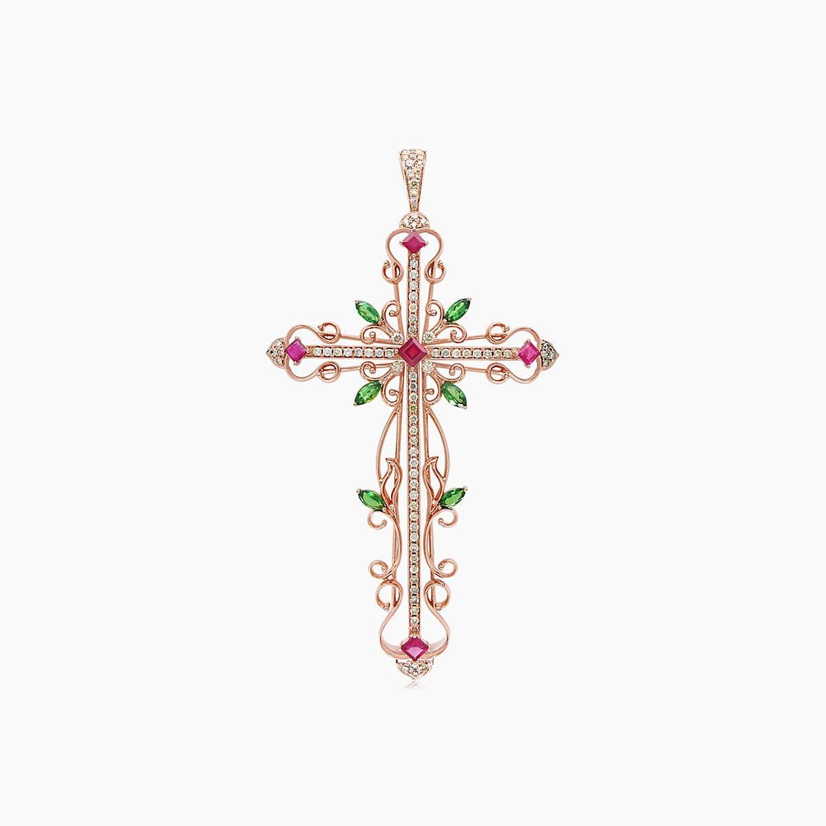 Mixed Cut Fancy Diamond Green Garnet & Ruby 18K Rose Gold Pendant For Sale