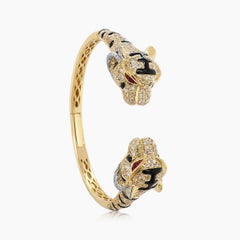 Fancy Diamond Onyx & Ruby 18K Yellow Gold Double Leopard Head Bangle Bracelet